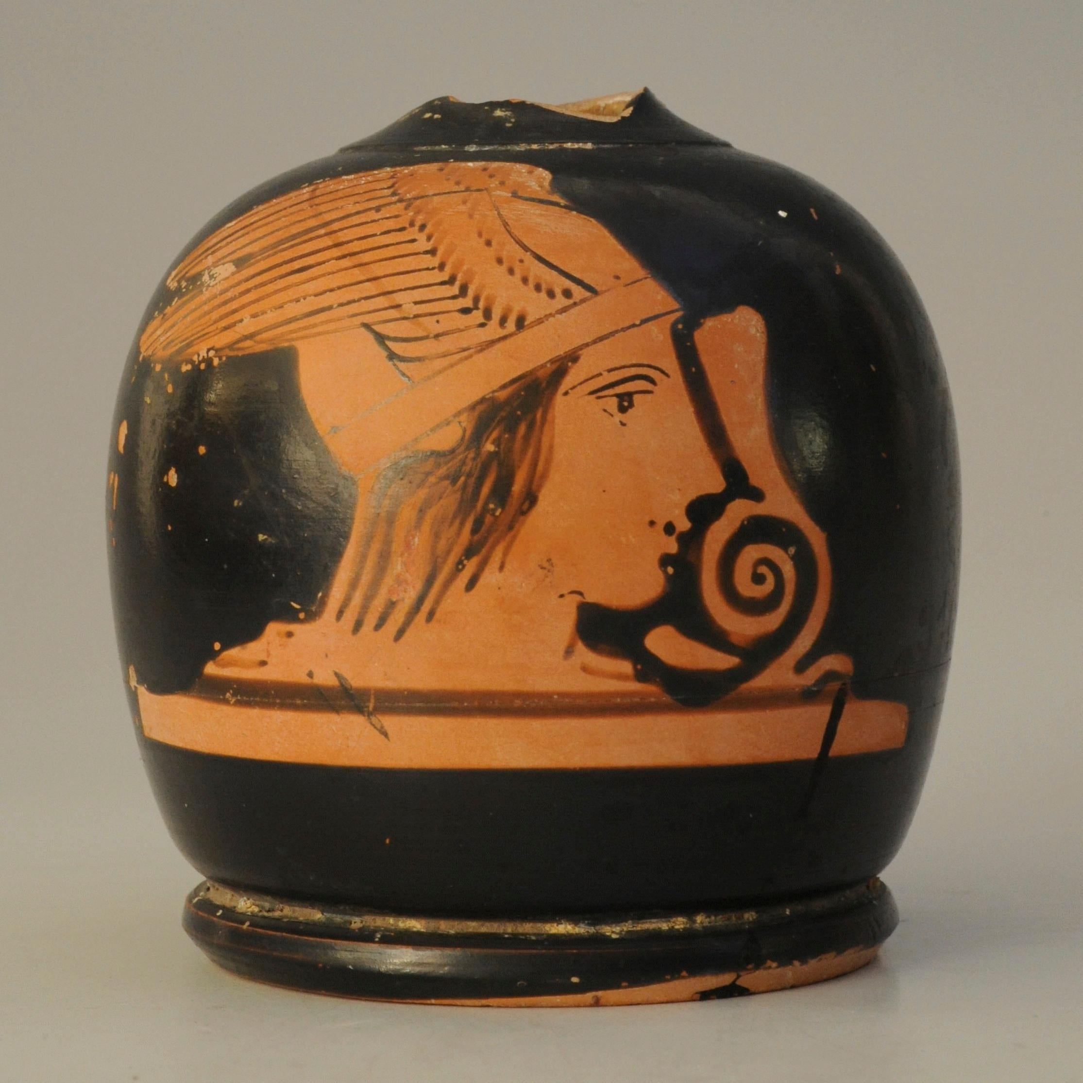 Painted Greek, Attic Red Figure Squat Lekythos with Hermes Head