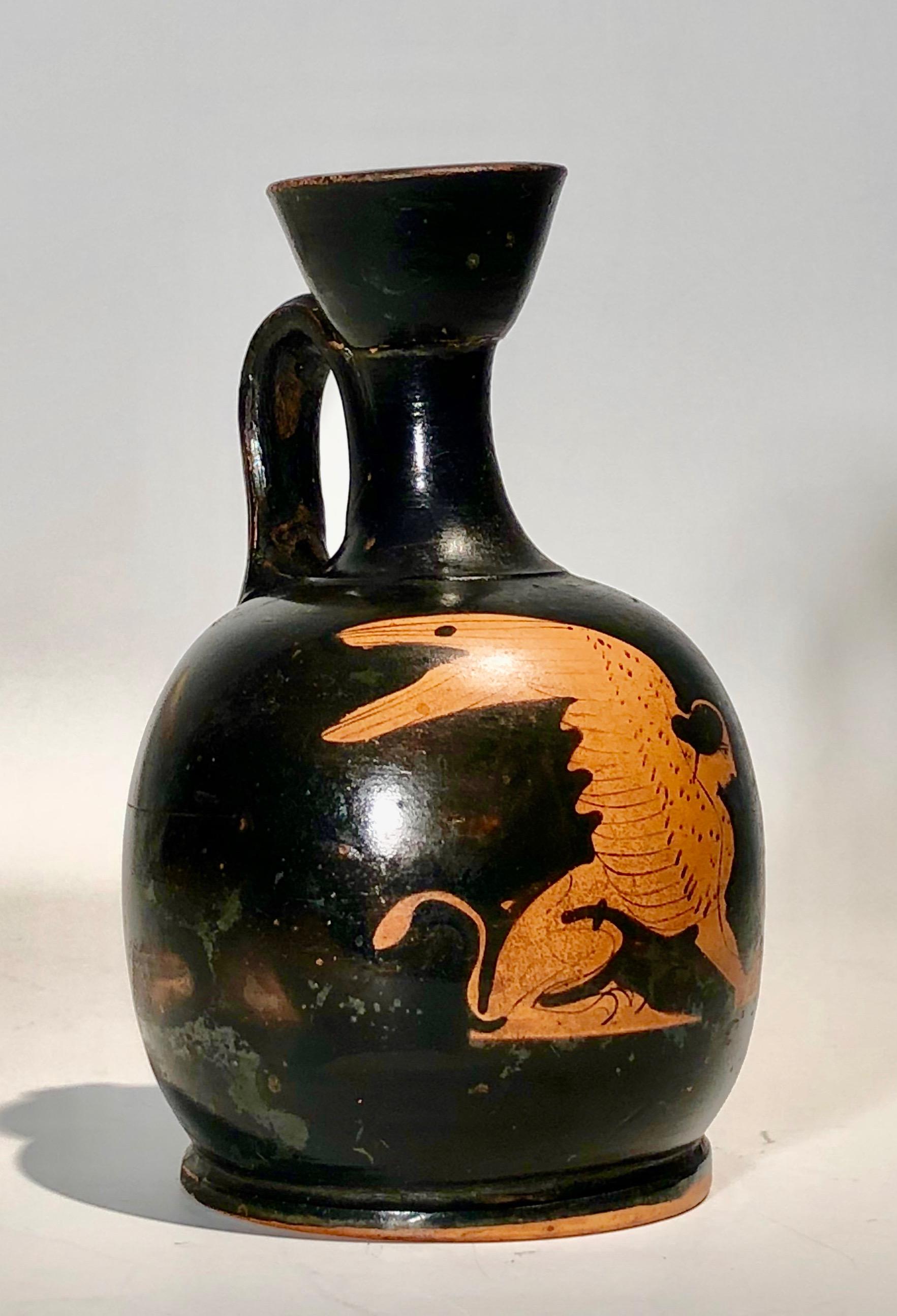 Attic RF charming squat-lekythos depicting a sphinx. Athens, 5th century BC. Intact. Provenance: Ex estate of
Mr. Bruno Fellinger (1926-2016), Sonnenrain 2, 8700 Küsnacht, Switzerland.
In Greek mythology, the sphinx is represented as a monster