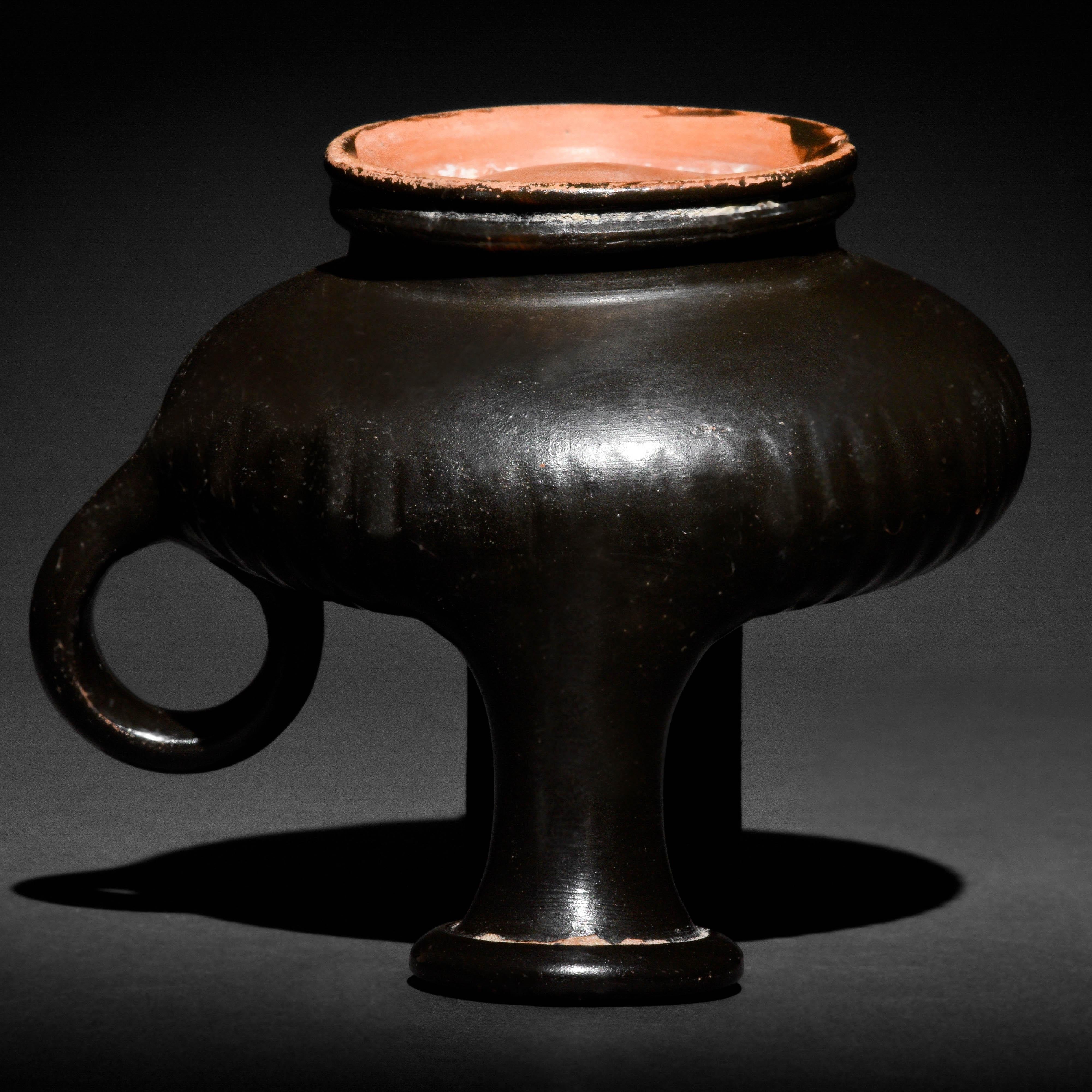 Classical Greek Greek Black Glaze Pottery Guttus  For Sale
