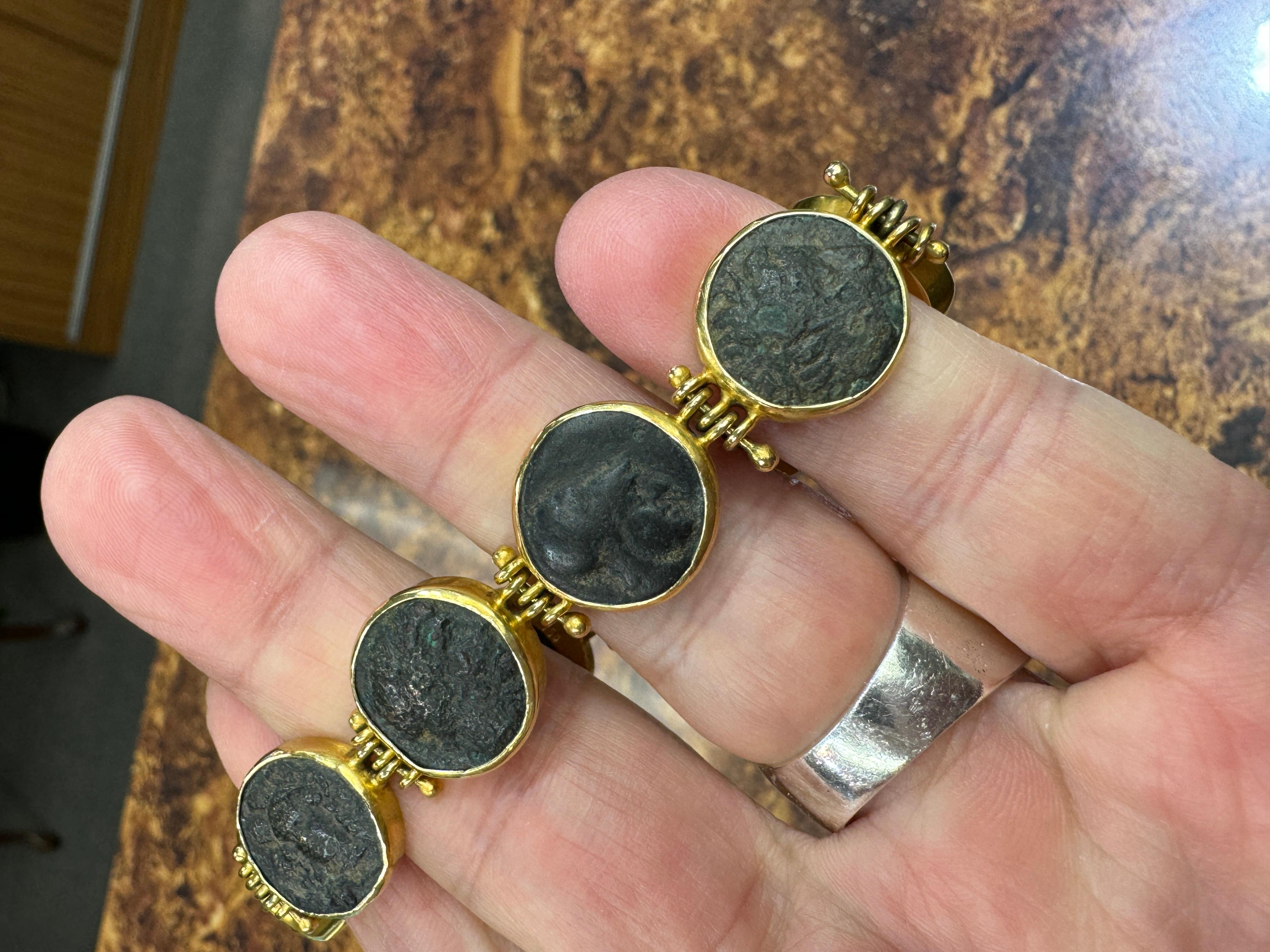 Contemporary Greek Bronze Coin Yellow Gold Bracelet  For Sale