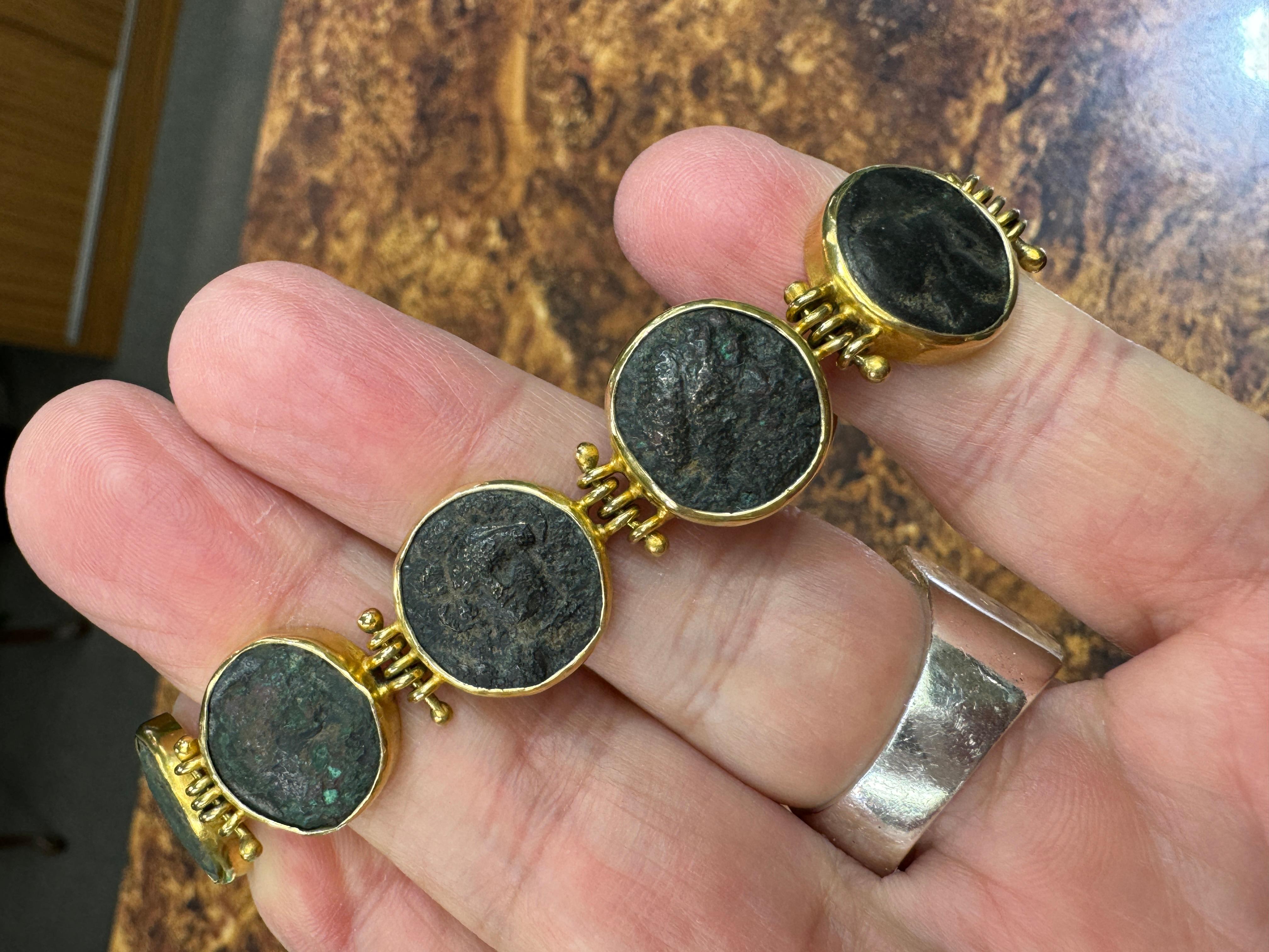 Greek Bronze Coin Yellow Gold Bracelet  In Good Condition For Sale In Los Angeles, CA