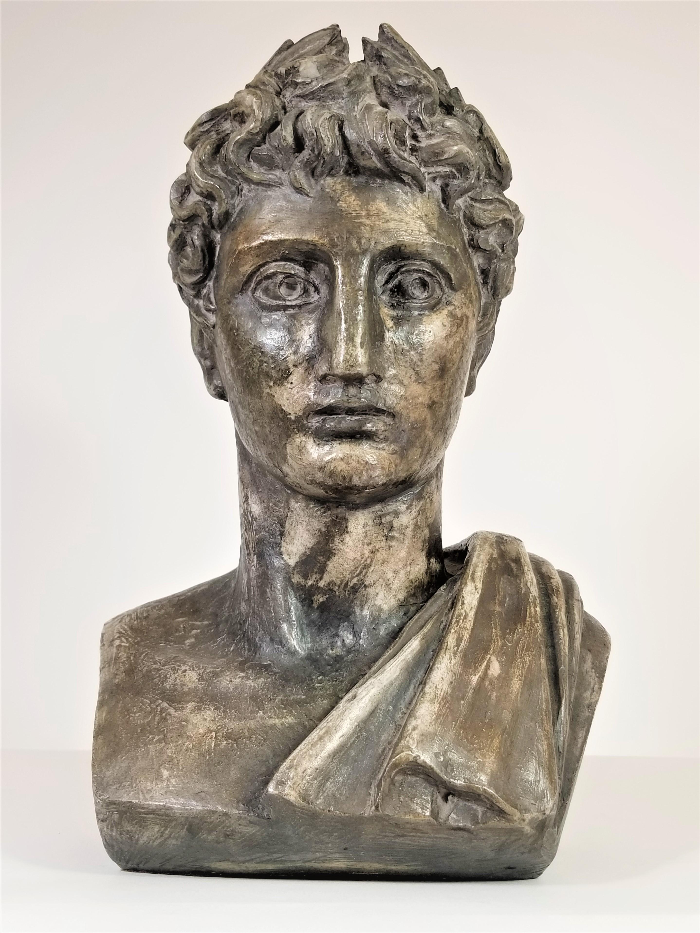 Mid Century Greek Bust Sculpture. Plaster with bronze and dark grey finish.