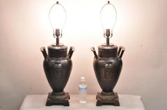 Greek Classical Style Urn Twin Handle Cast Metal Bronze Finish Table Lamp Pair