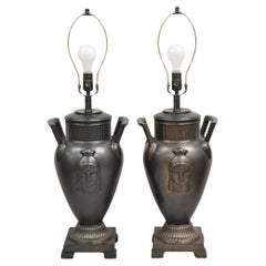 Greek Classical Style Urn Twin Handle Cast Metal Bronze Finish Table Lamp Pair