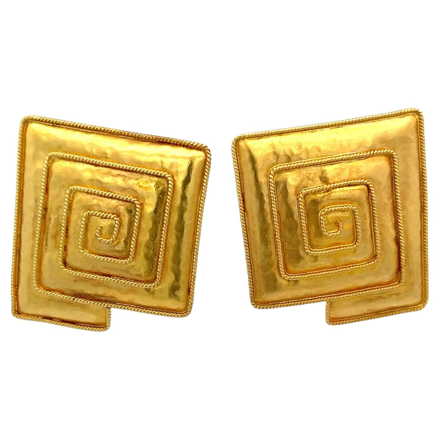 Greek Clip-On Square Earrings 22K Yellow Gold