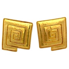Vintage Greek Clip-On Square Earrings 22K Yellow Gold