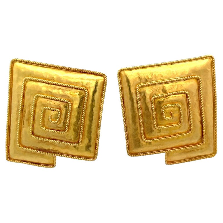 Greek Clip-On Square Earrings 22K Yellow Gold For Sale at 1stDibs