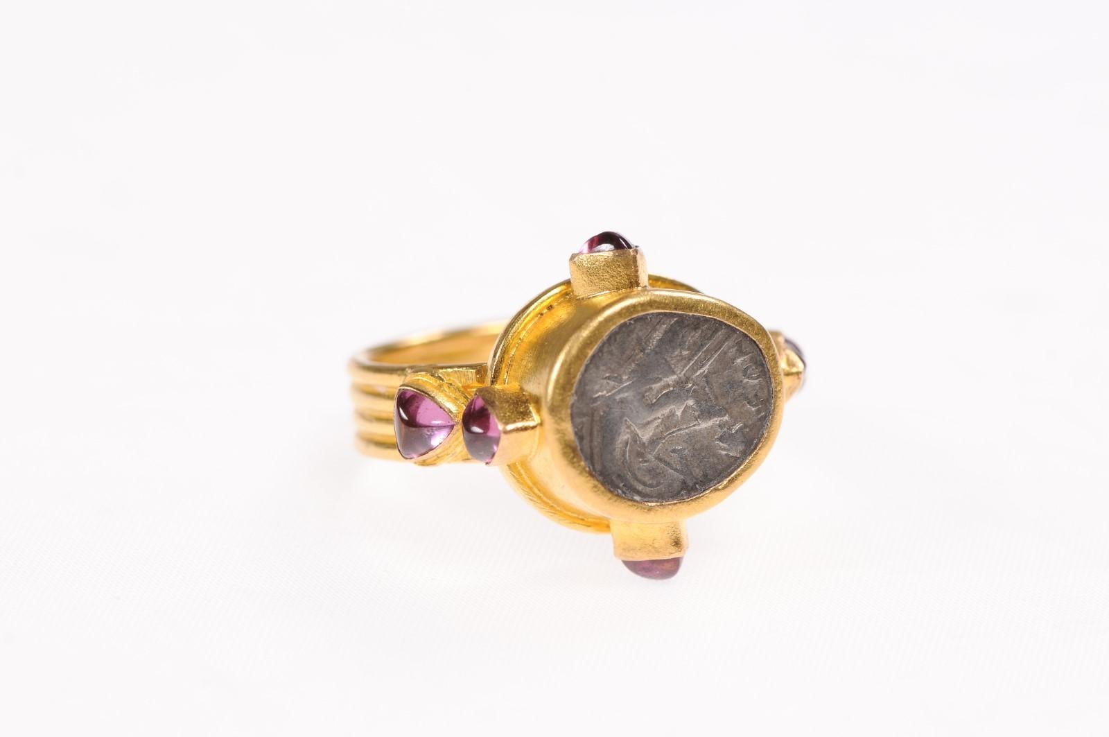 Greek Coin Gold & Ruby Ring In Excellent Condition For Sale In Atlanta, GA