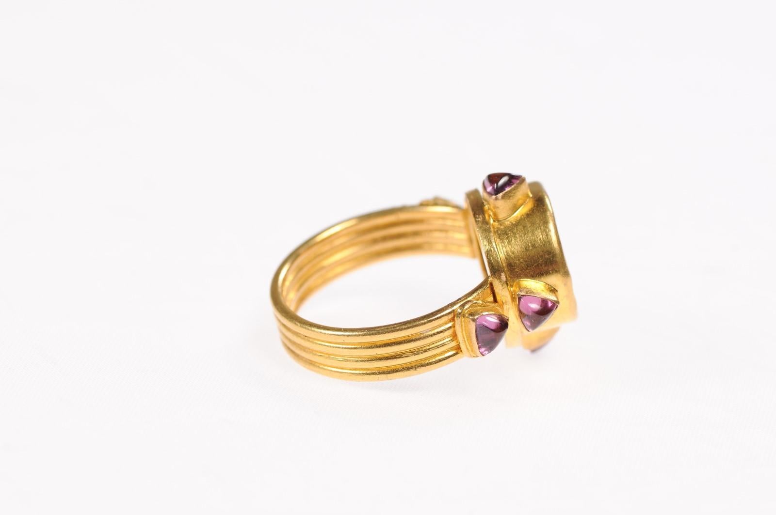 Women's or Men's Greek Coin Gold & Ruby Ring For Sale
