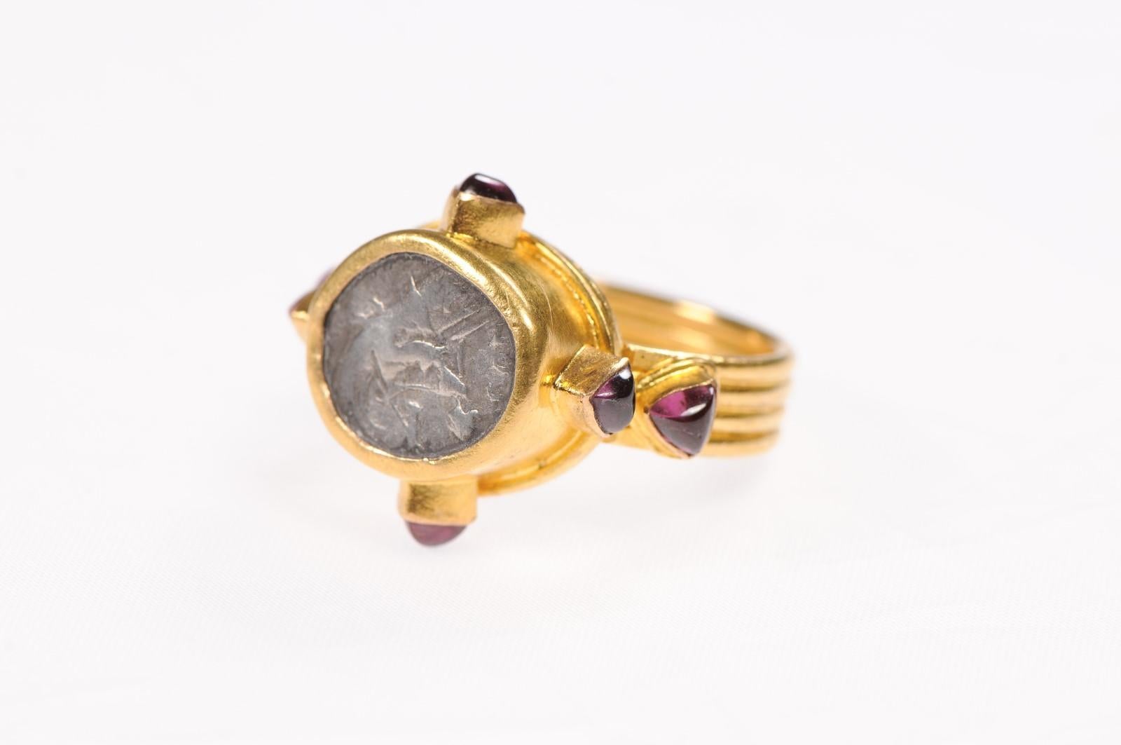 Greek Coin Gold & Ruby Ring For Sale 3