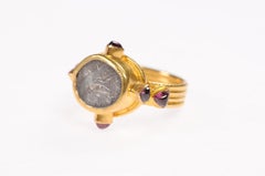Ancient Greek Tetrobol Coin Ring, 22K Gold with Rubies, Circa 175 BC