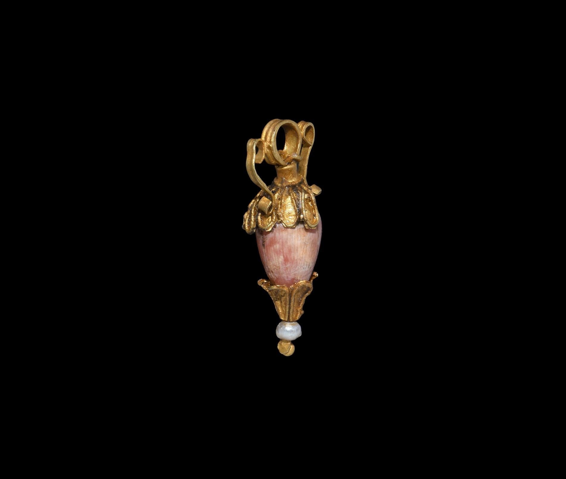 Hand-Crafted Greek Coral Bead Gold Amphora Pearl Pendant, 5th-3rd Century BC