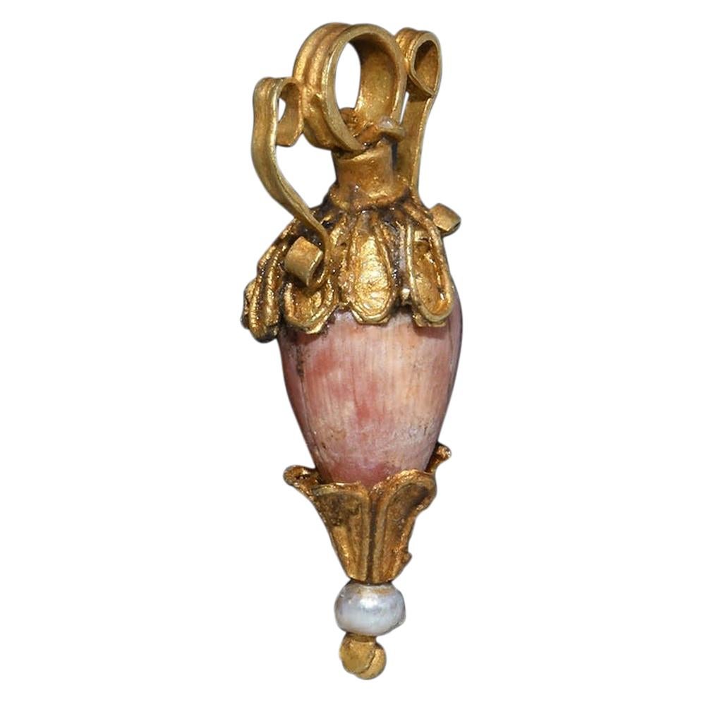 Greek Coral Bead Gold Amphora Pearl Pendant, 5th-3rd Century BC