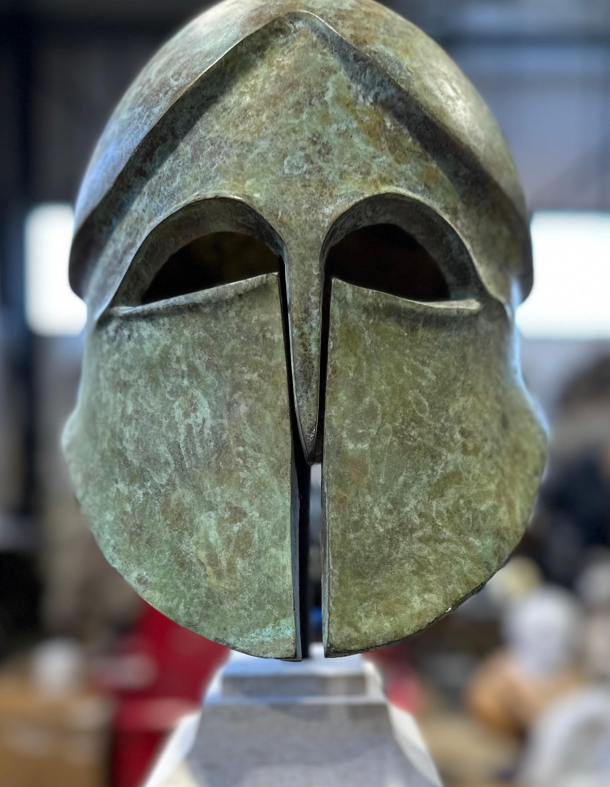 Neoclassical Greek Corinthian Style Bronze Warriors Helmet On a Limestone Base  For Sale