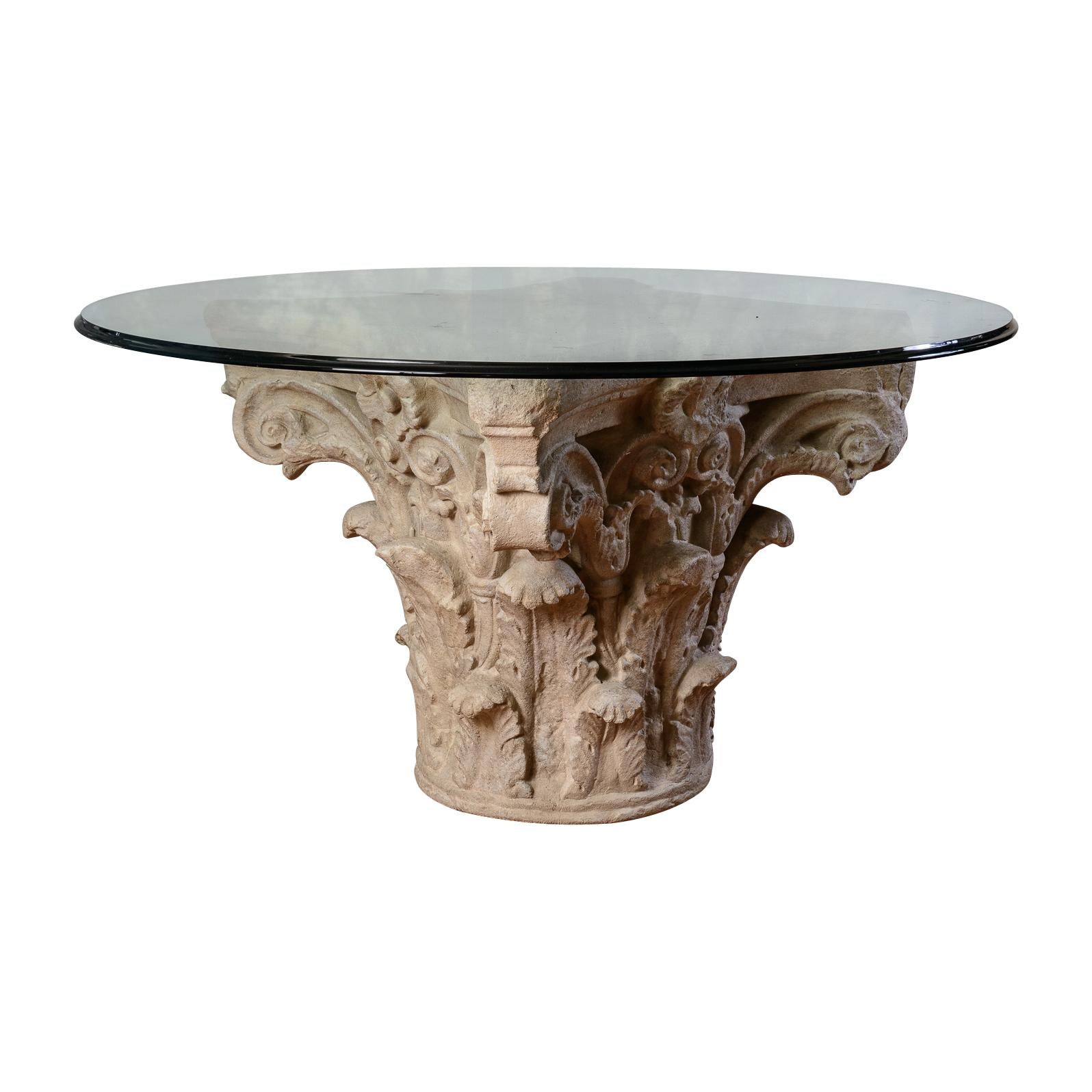 Fabulous large Greek Corinthian Cast Stone  Dinning Table Base with beveled Round Glass Top.
This base is so realistic to the antique stone Corinthian columns.
This base can hold a very large glass top, this one is 54