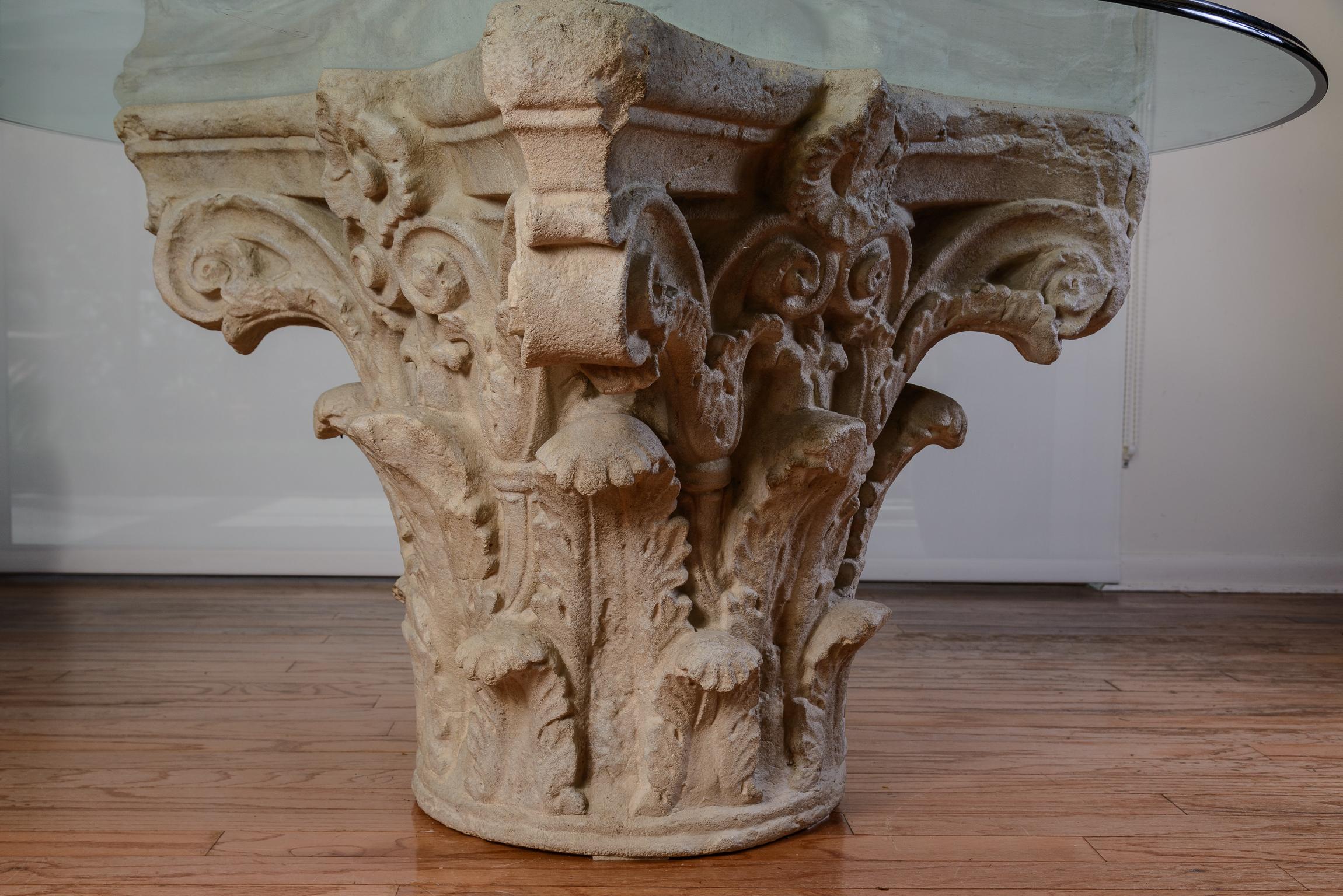 North American Greek Corinthian Style Cast Stone Large Pedestal Dinning Table With Glass Top