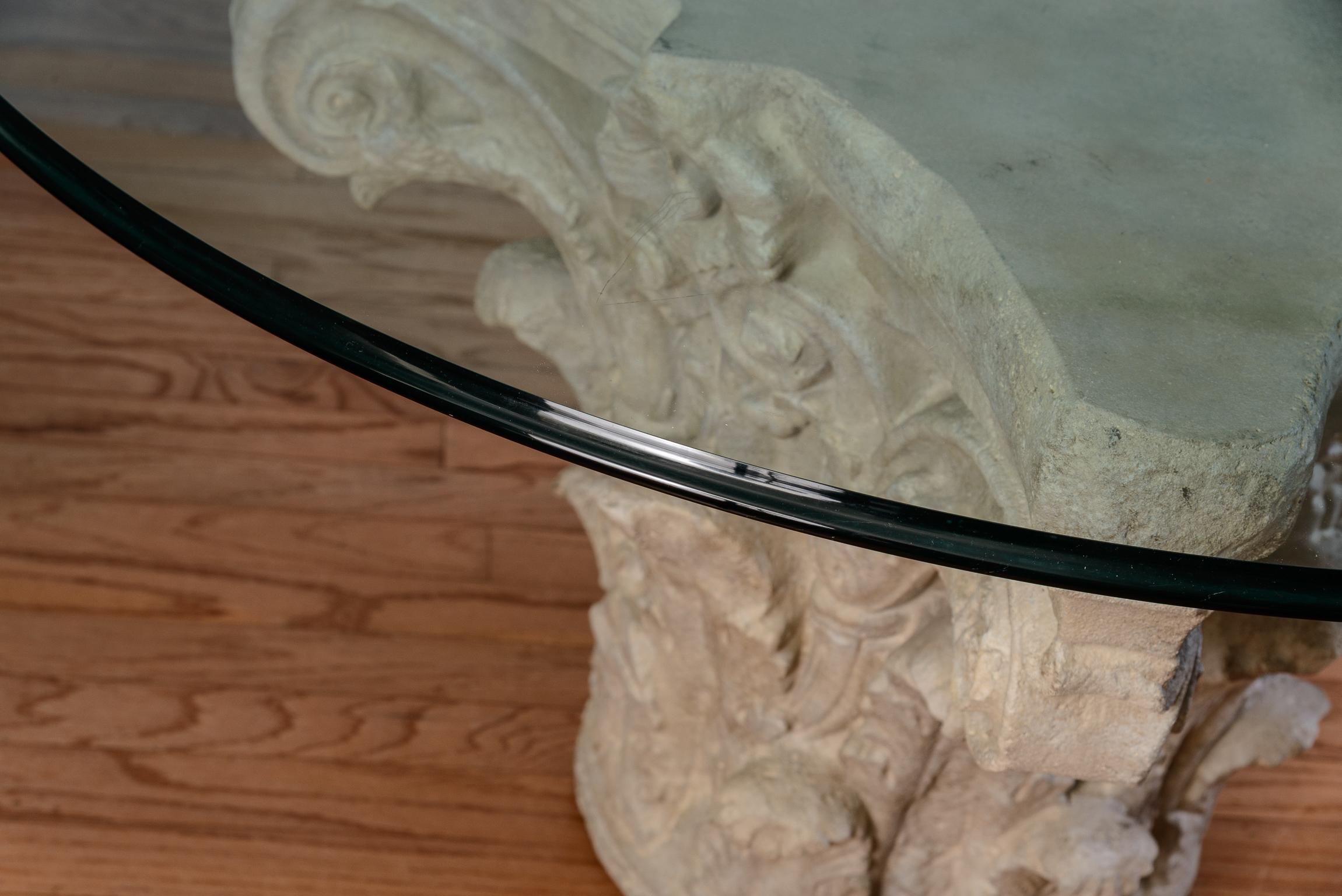 Hand-Crafted Greek Corinthian Style Cast Stone Large Pedestal Dinning Table With Glass Top
