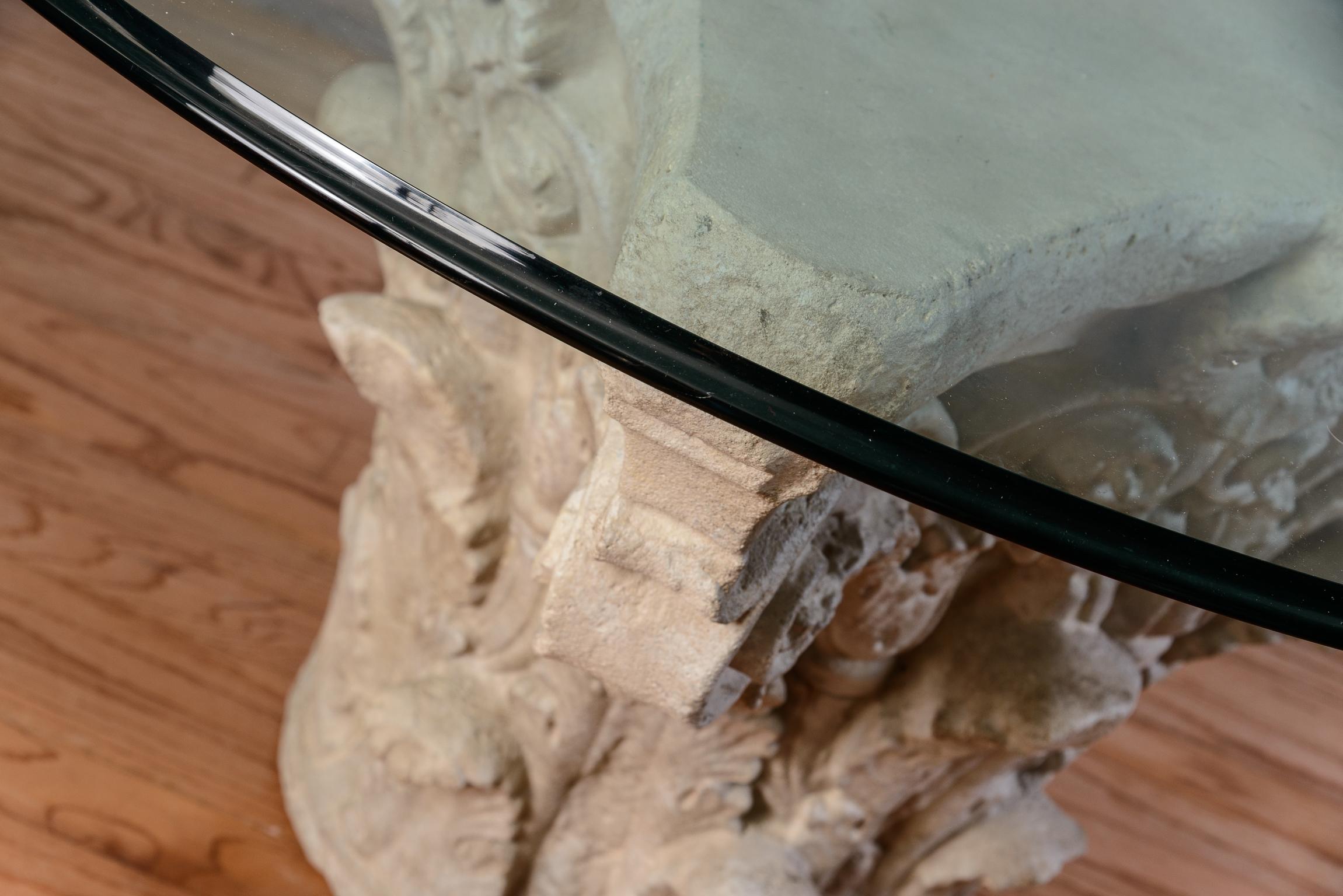 Greek Corinthian Style Cast Stone Large Pedestal Dinning Table With Glass Top In Good Condition In West Palm Beach, FL