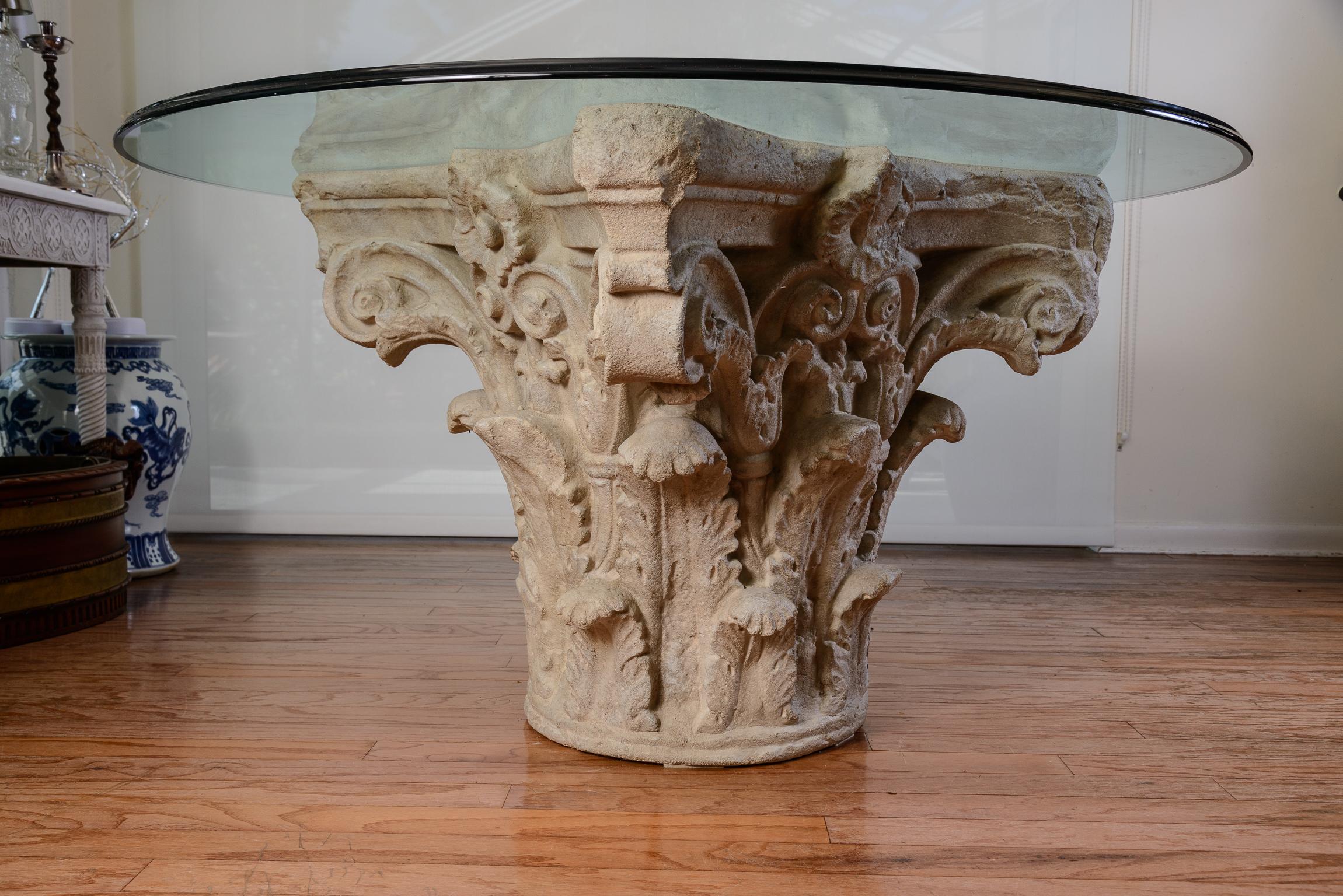 20th Century Greek Corinthian Style Cast Stone Large Pedestal Dinning Table With Glass Top