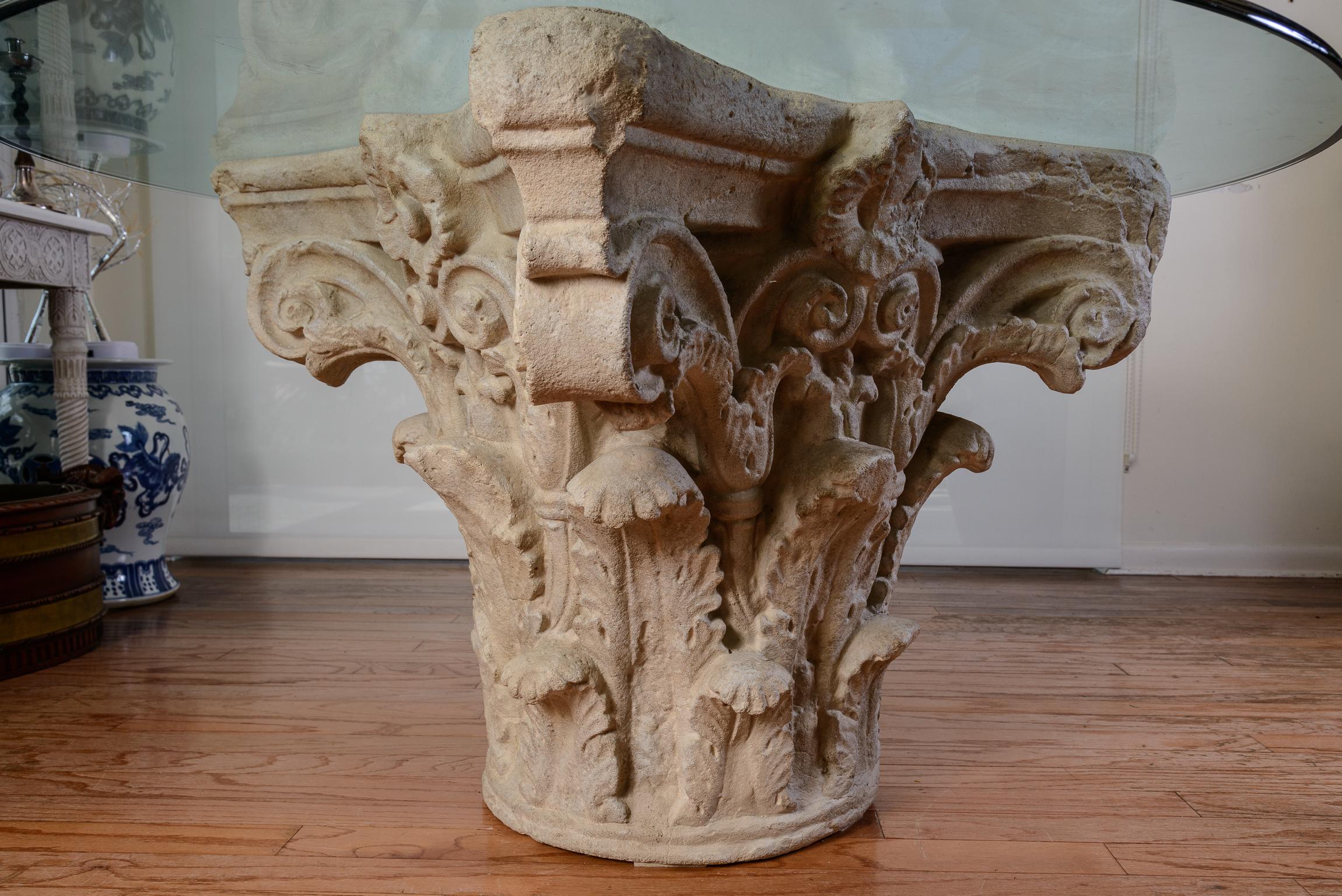 Greek Corinthian Style Cast Stone Large Pedestal Dinning Table With Glass Top 1