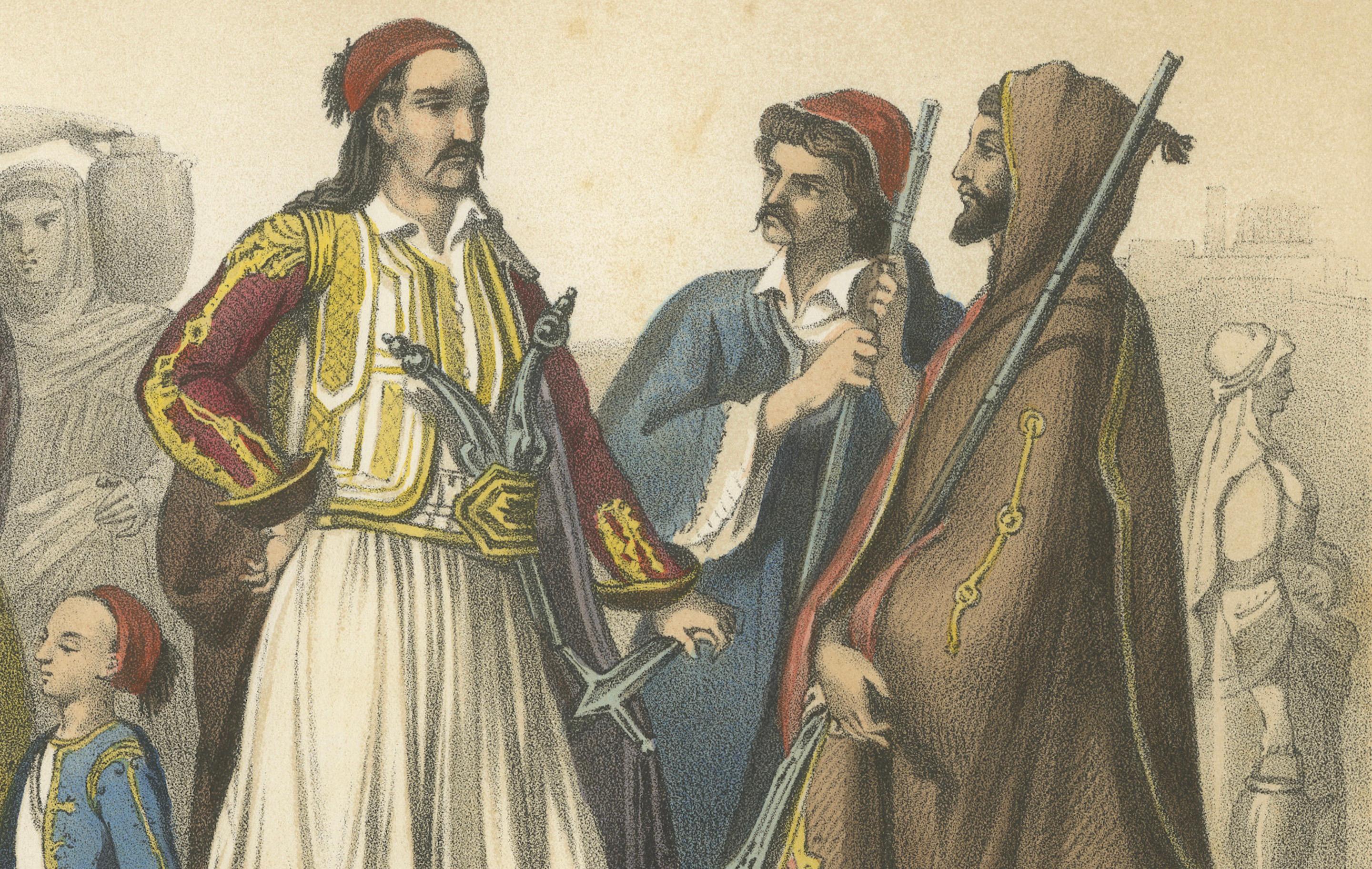 Trajes griegos - Atenienses y Palicares de Selléide, c.1845 en Bueno estado para la venta en Langweer, NL