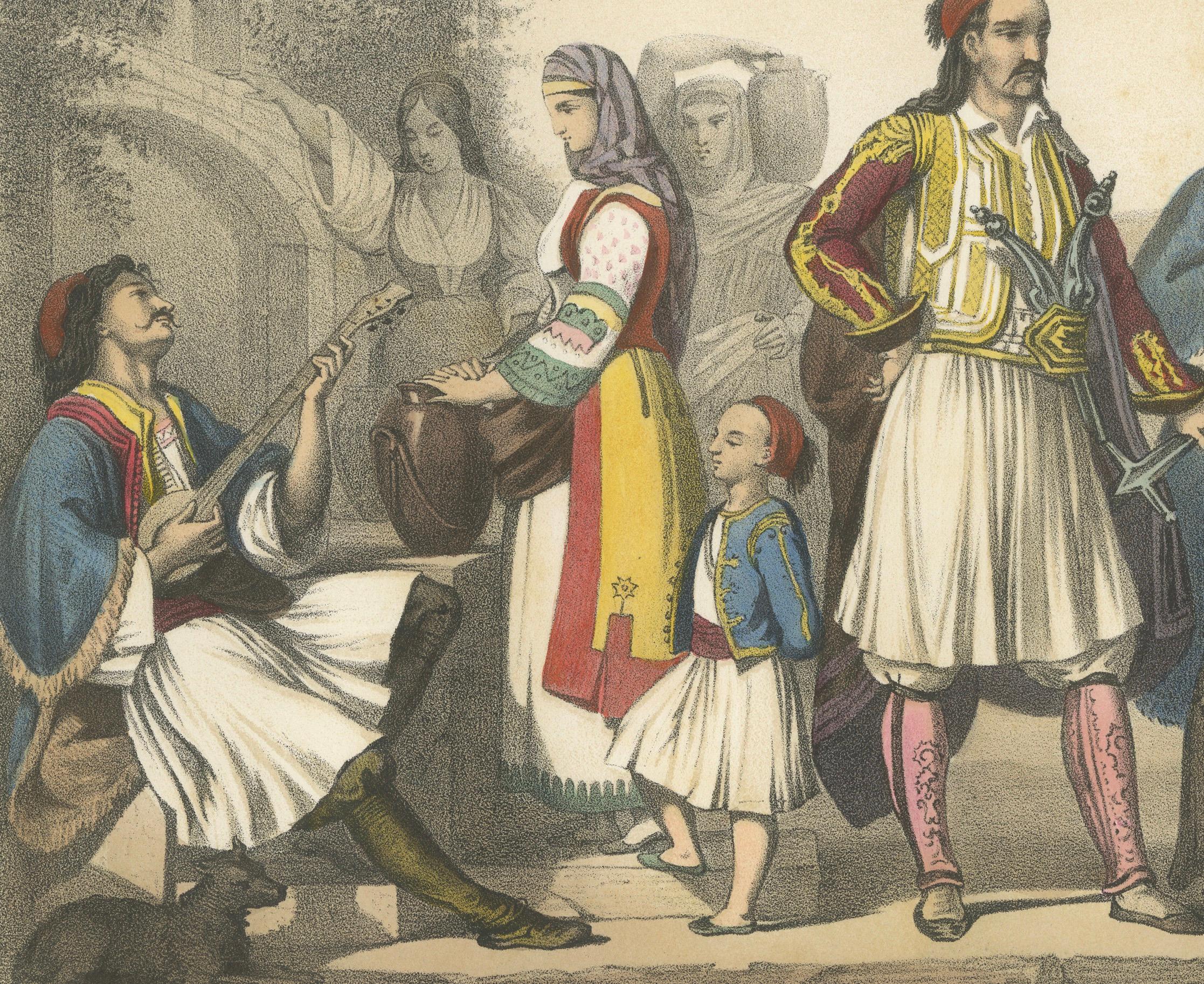 Trajes griegos - Atenienses y Palicares de Selléide, c.1845 Papel en venta