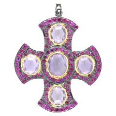 Greek Cross with Black Rhodium Ruby 
Amethyst Sterling Silver 
18 Karat Gold