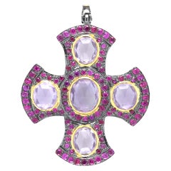 Greek Cross with Black Rhodium Ruby & Amethyst Sterling Silver & 18 Karat Gold 