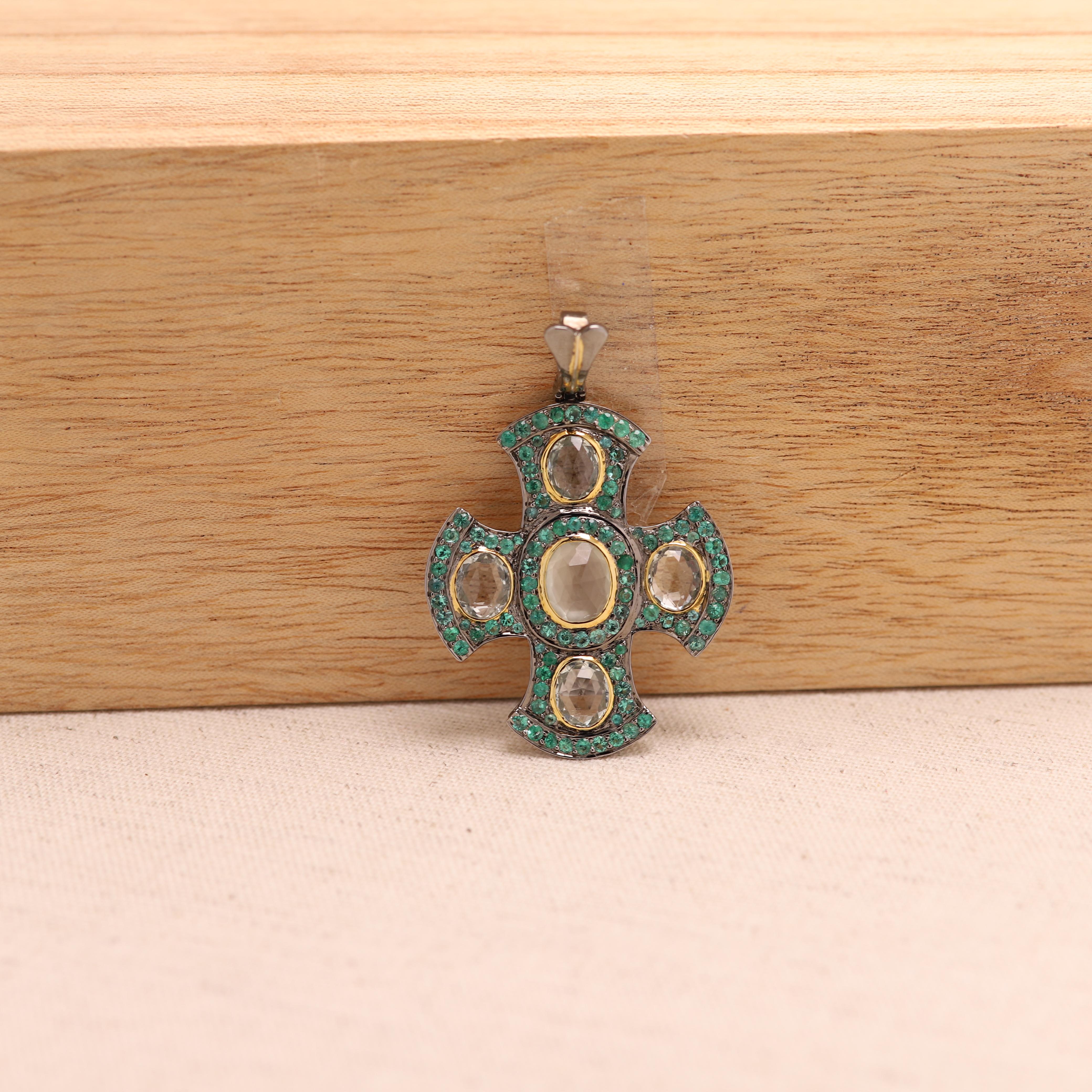 Women's or Men's Greek Cross with Emerald & Quartz Gemstones Sterling Silver 925 For Sale