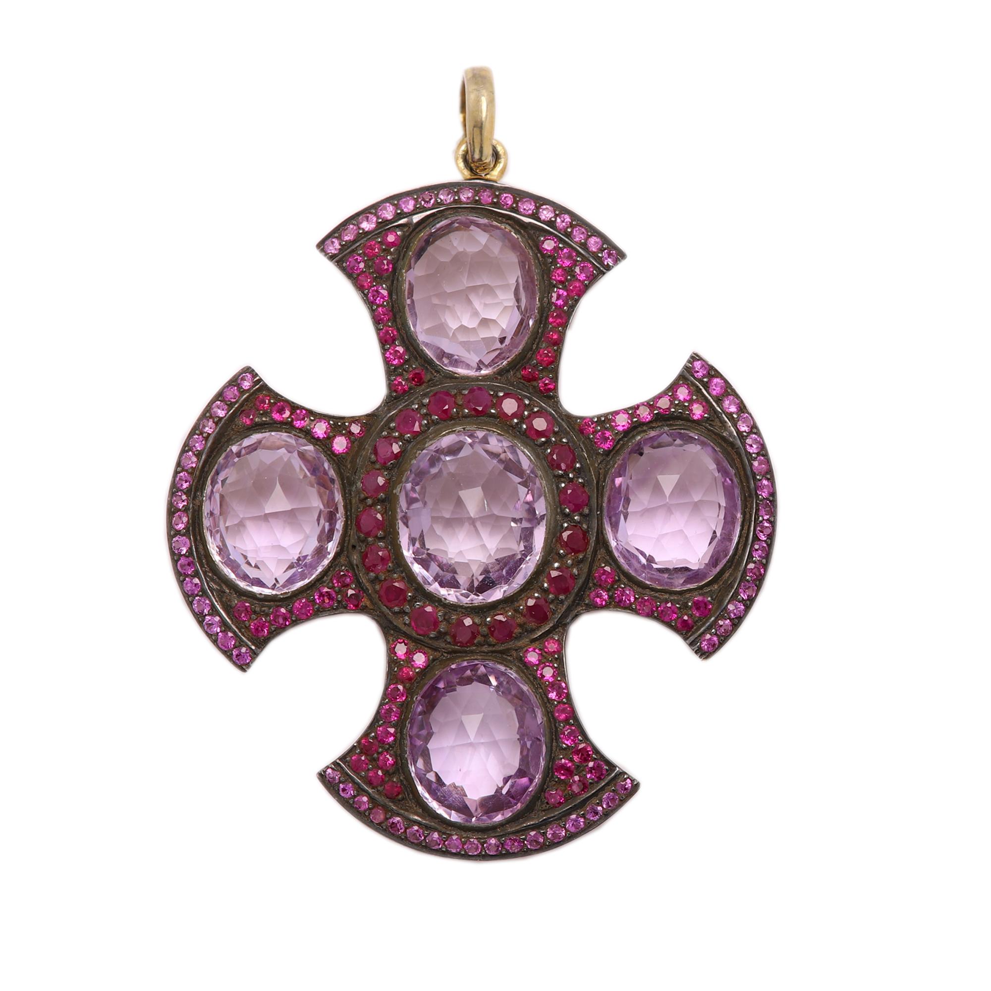 Greek Cross with Ruby & Amethyst gemstones Sterling Silver 925 In New Condition For Sale In Brooklyn, NY