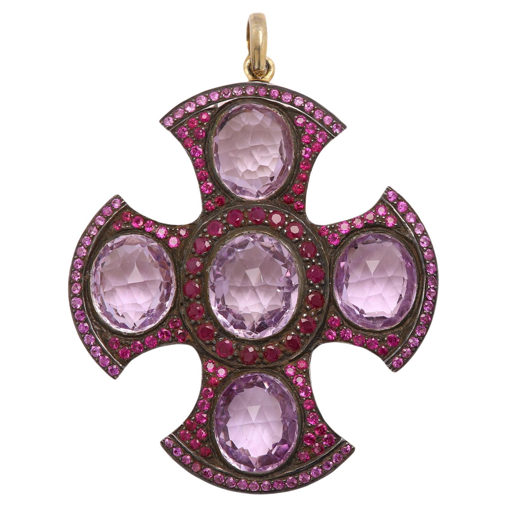 Greek Cross with Ruby & Amethyst gemstones Sterling Silver 925