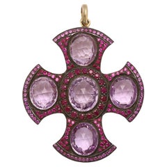 Greek Cross with Ruby & Amethyst gemstones Sterling Silver 925
