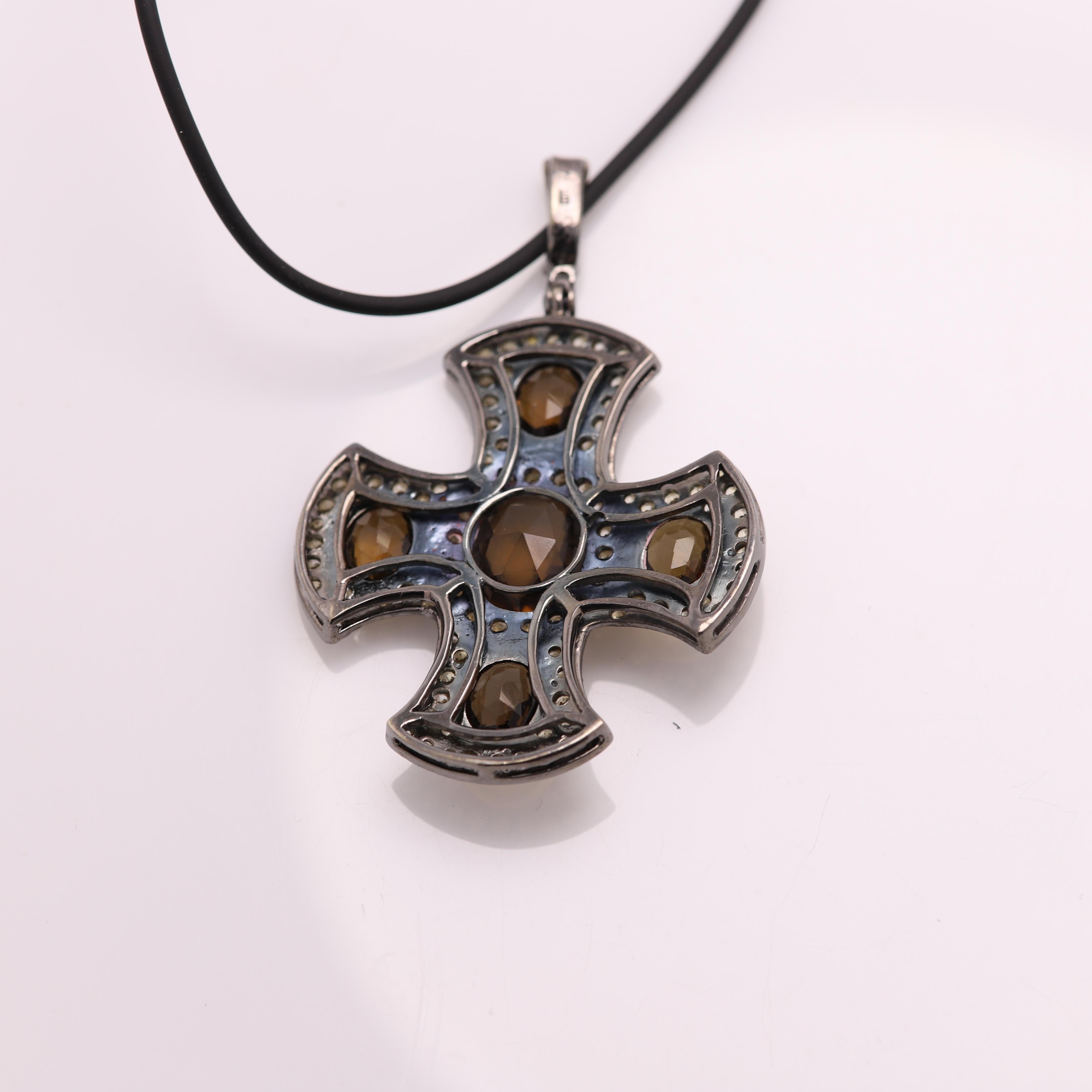 Greek Cross with Yellow Sapphire & Smokey Quartz gemstones Sterling Silver 925 In New Condition For Sale In Brooklyn, NY