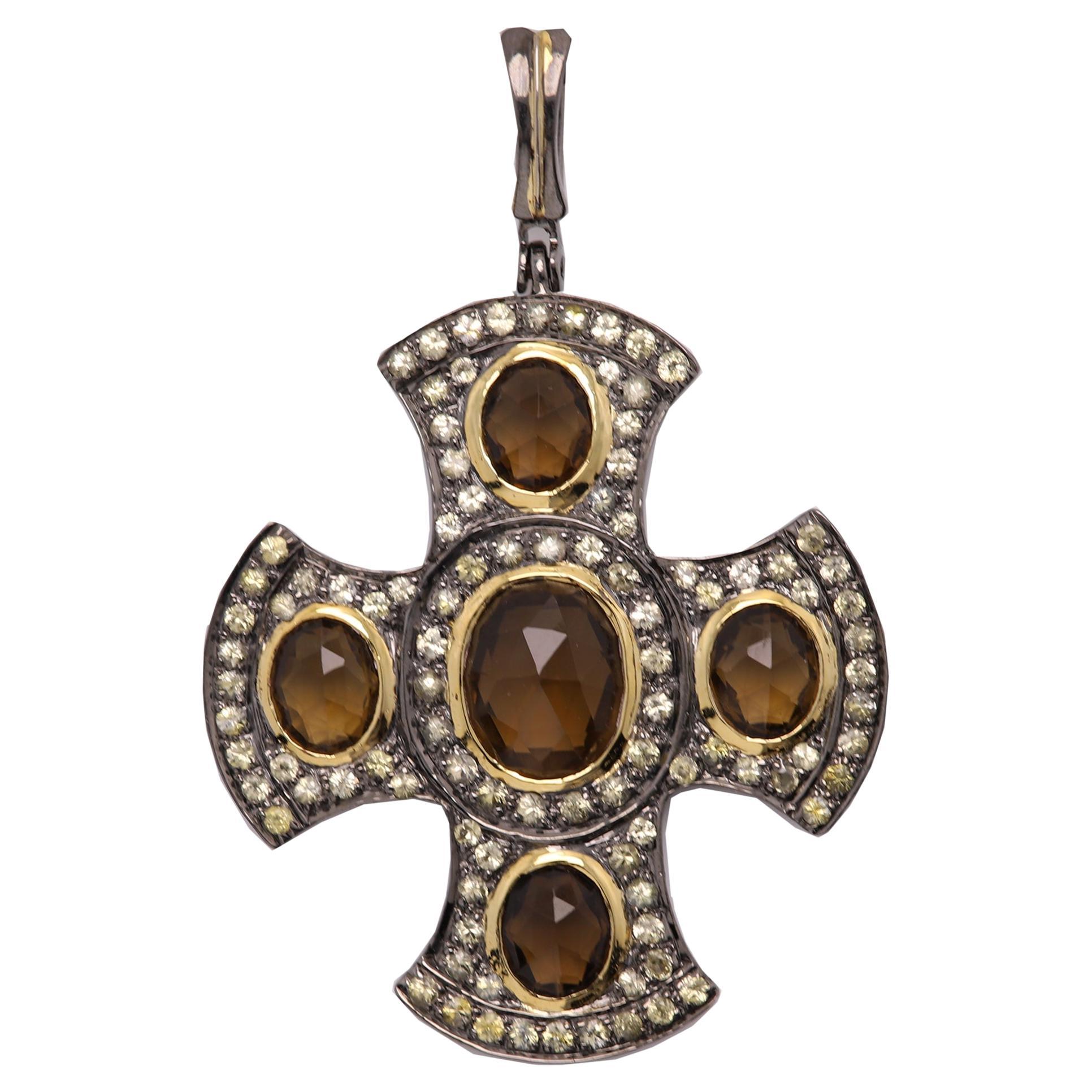 Greek Cross with Yellow Sapphire & Smokey Quartz gemstones Sterling Silver 925 For Sale