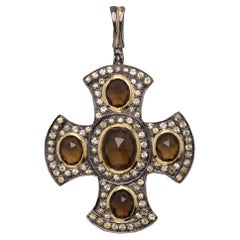 Greek Cross with Yellow Sapphire & Smokey Quartz gemstones Sterling Silver 925