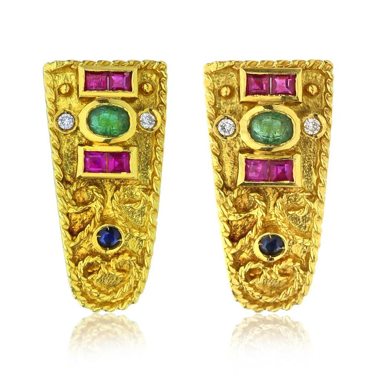 Greek Designed Diamond and Multi Gemstone 18K Drop Earrings For Sale at 1stDibs