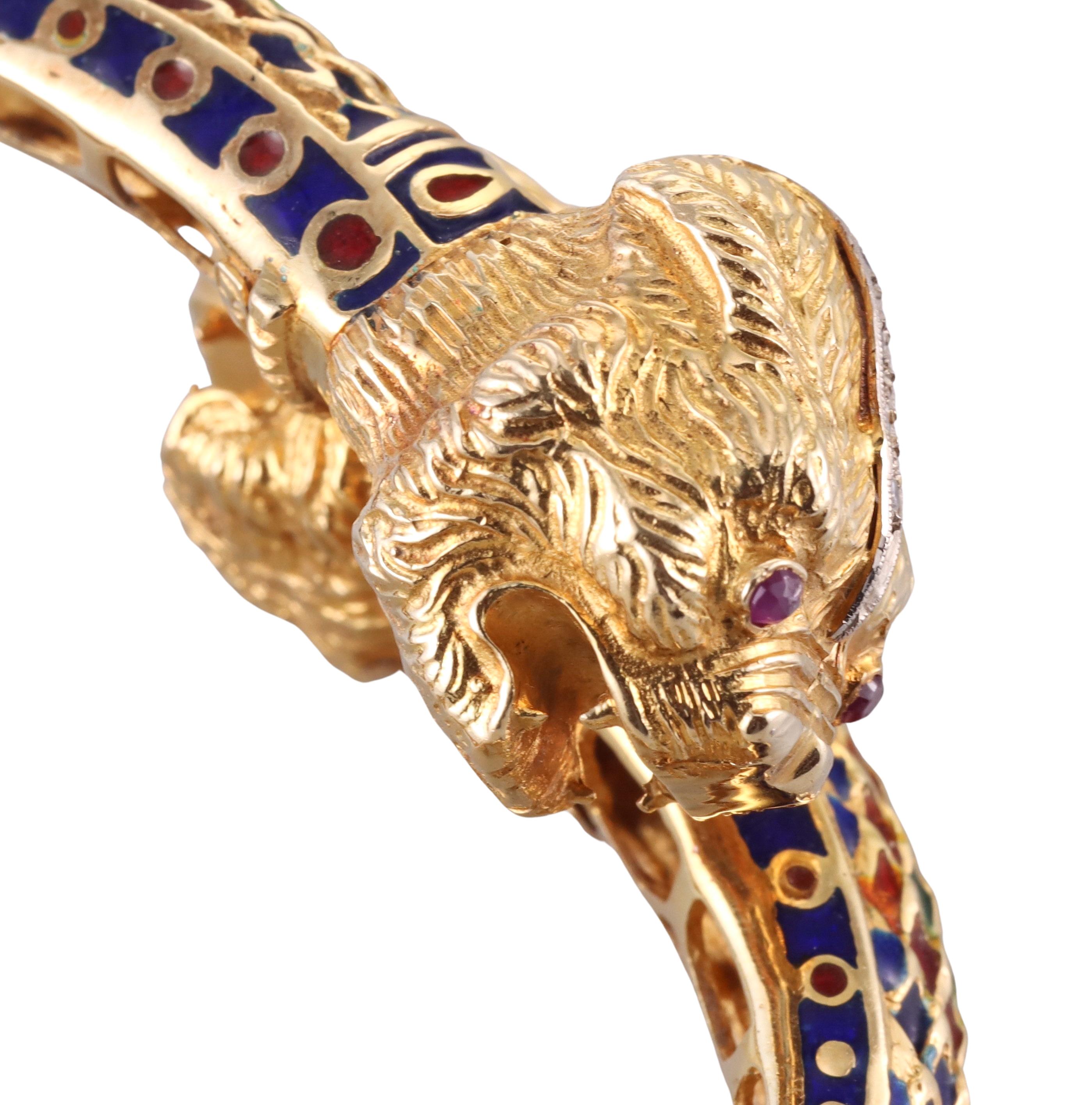 Greek Diamond Ruby Enamel Gold Chimera Bracelet For Sale 1