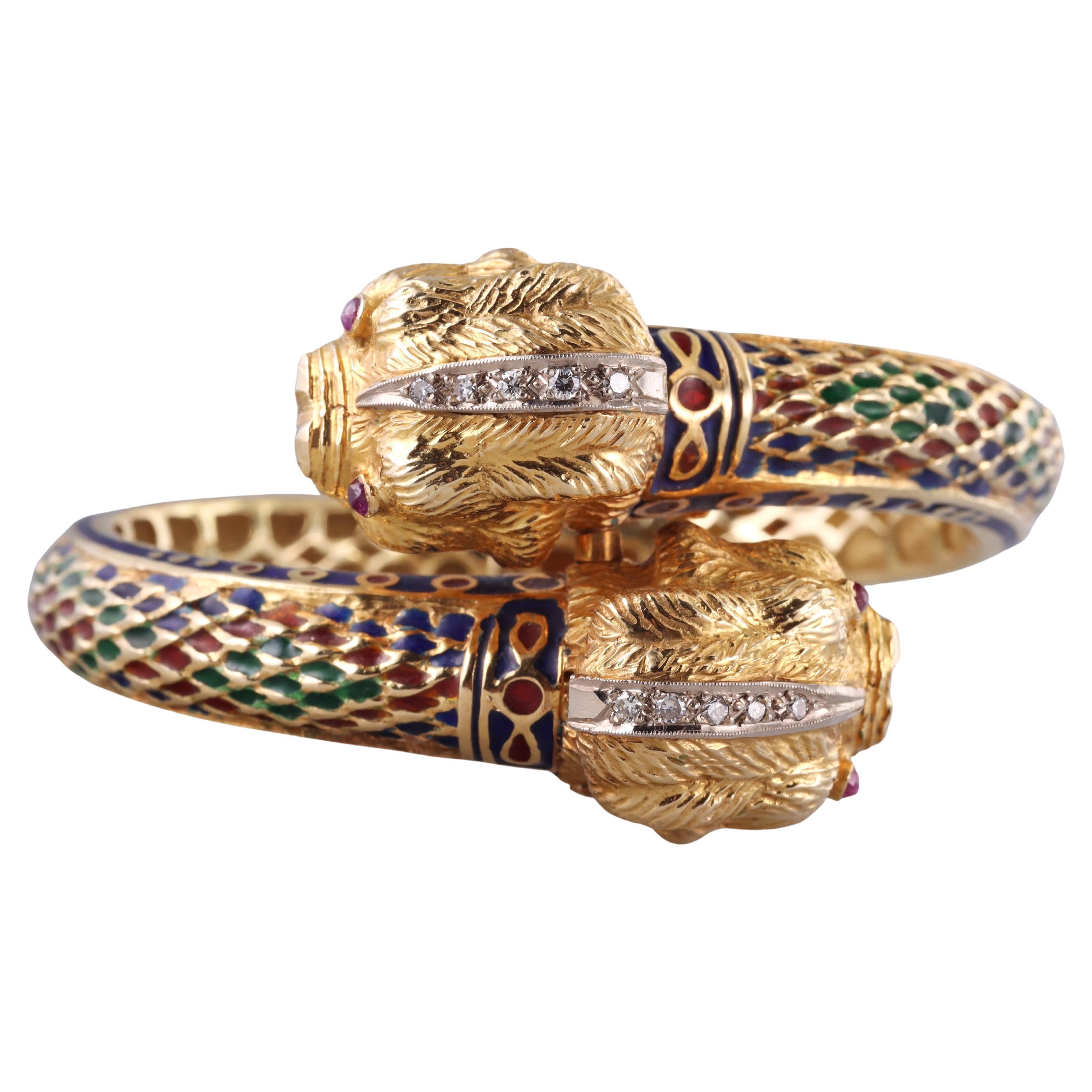 Greek Diamond Ruby Enamel Gold Chimera Bracelet For Sale