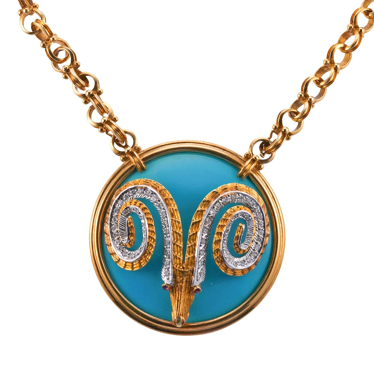 18K yellow gold pendant necklace, Greek made, set with turquoise and approx. 0.70ctw in SI/H diamonds. Necklace can be worn without the dendant, it's detachable. Necklace measures 28