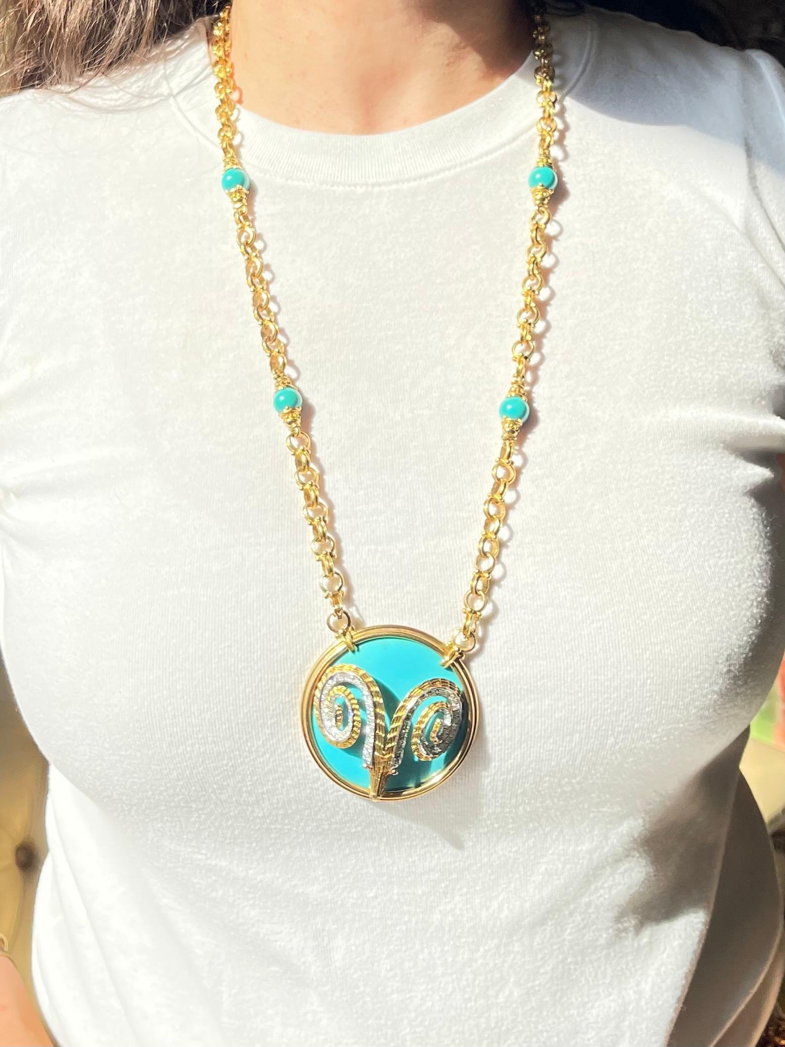 Greek Diamond Turquoise Gold Ram's Head Pendant Necklace For Sale 1