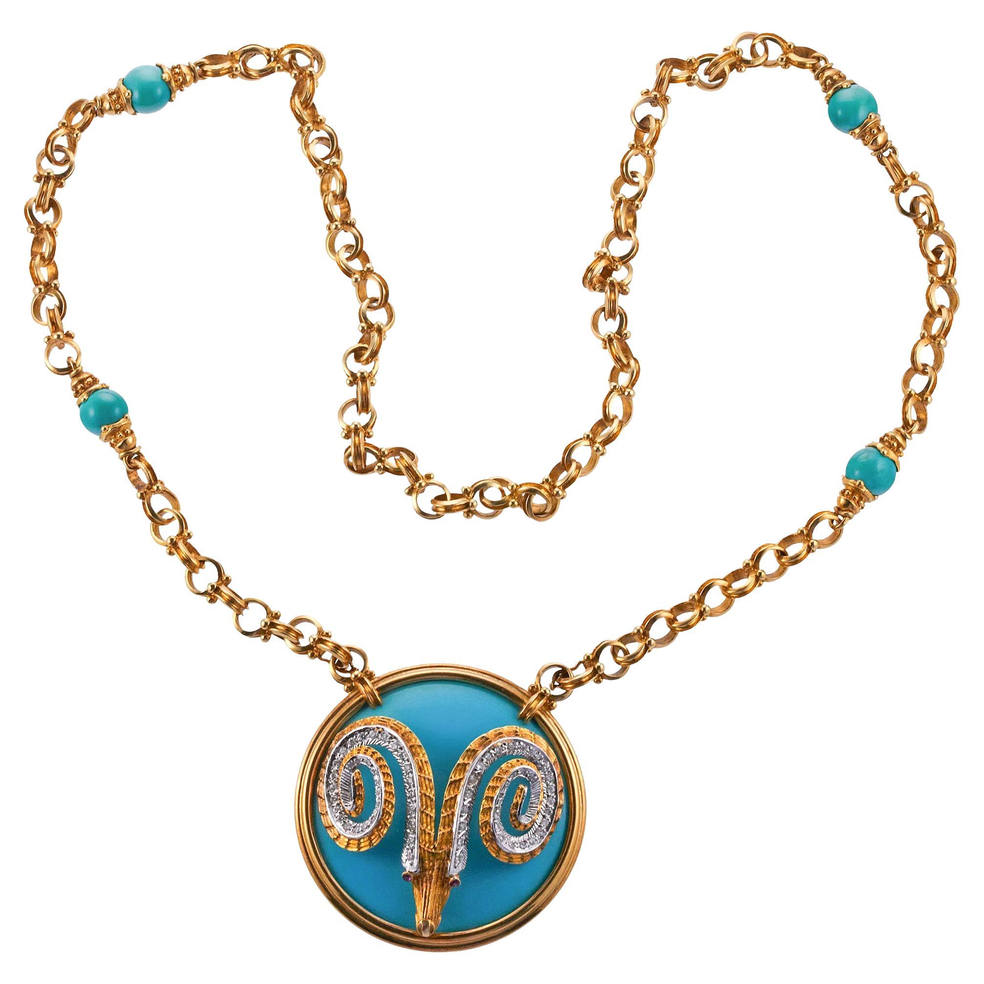Greek Diamond Turquoise Gold Ram's Head Pendant Necklace For Sale