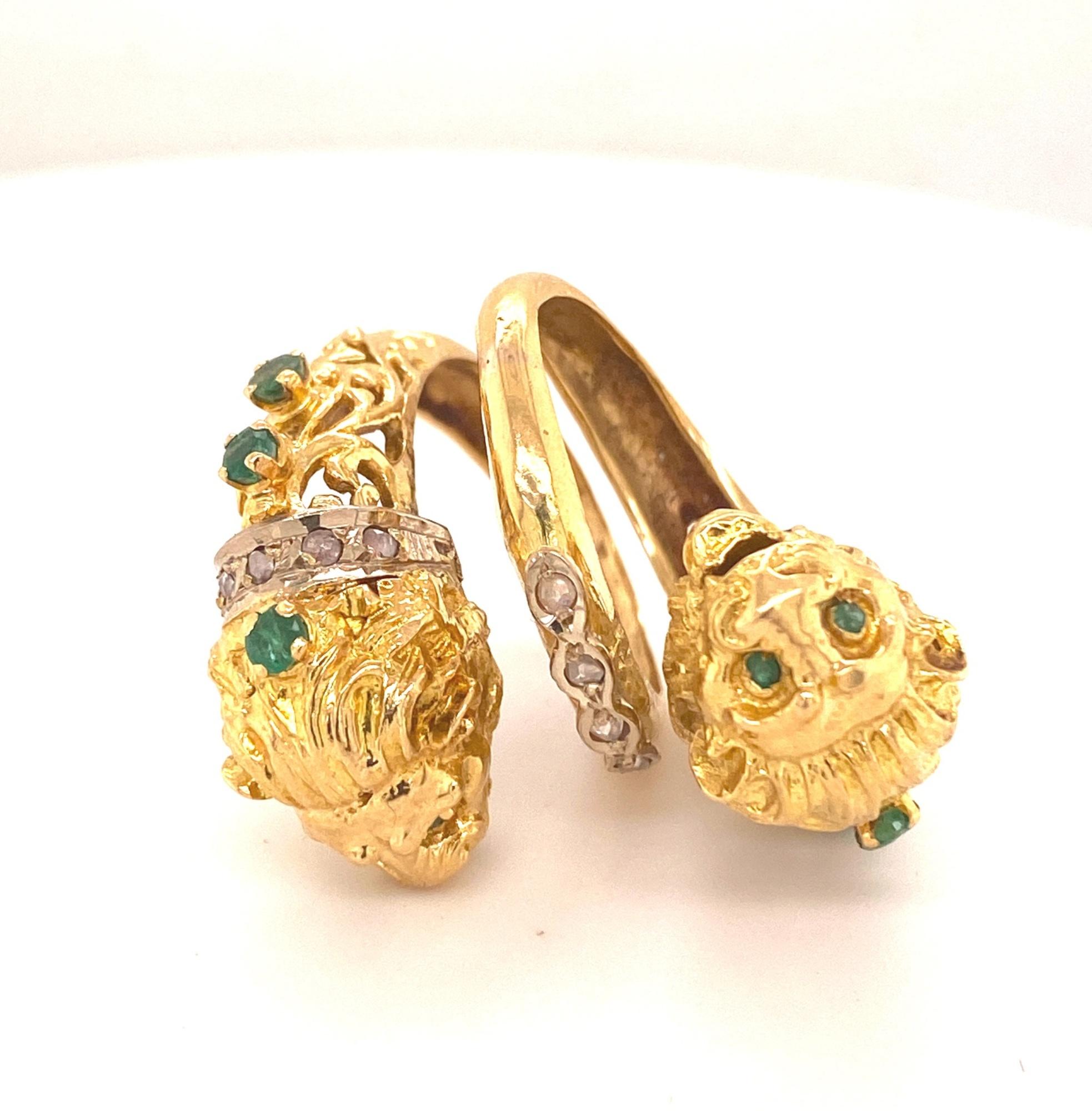 Greek Double Chimera Lion Head Emerald Diamond Filigree 18K Yellow Gold Ring. This is a beautiful Greek double chimera lion head ring with a filigree design emeralds and rose cut diamonds. The sculpture and detail is superb. Total gem weight .70