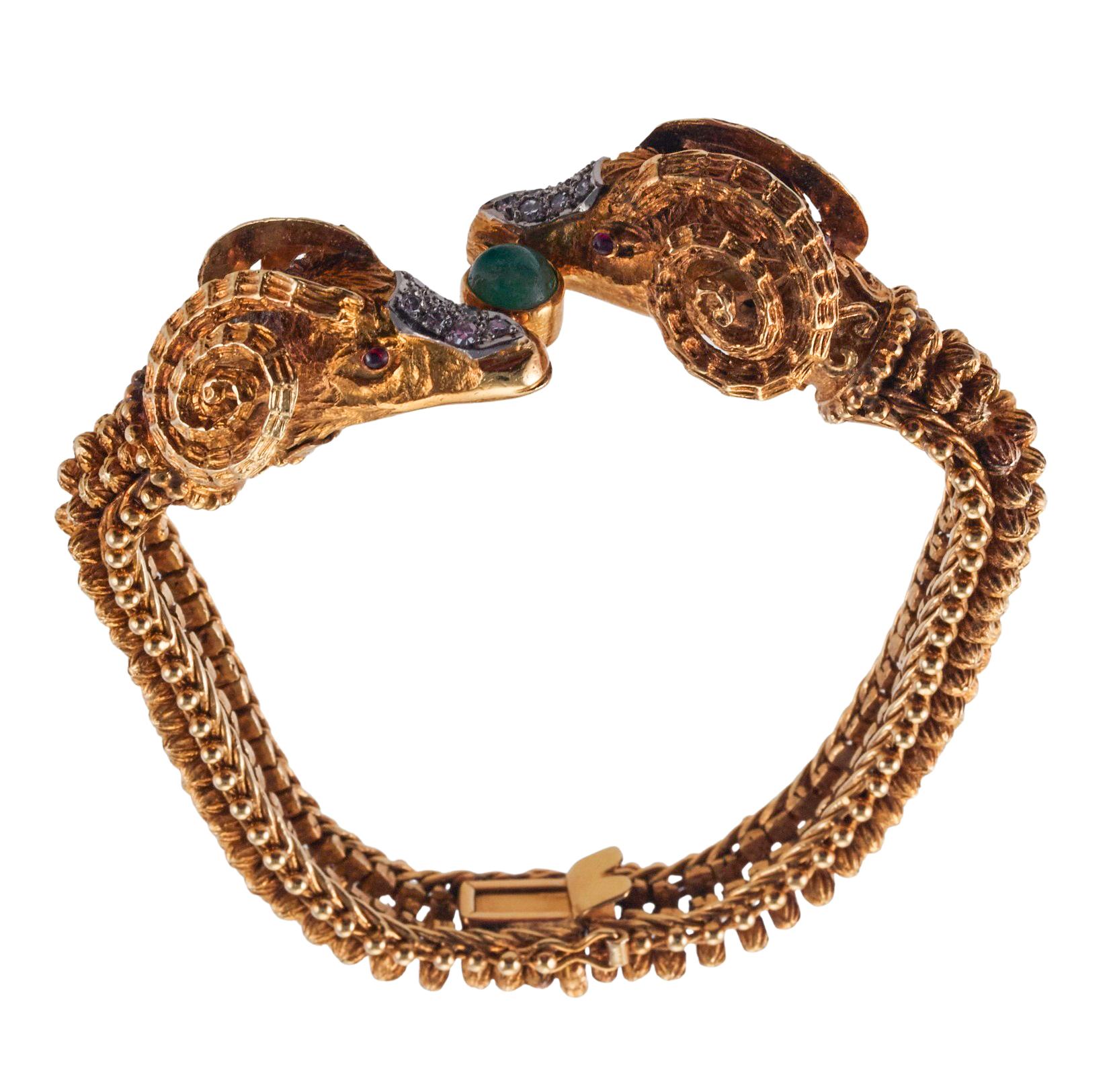 Cabochon Greek Emerald Diamond Ruby Gold Ram's Head Bracelet For Sale