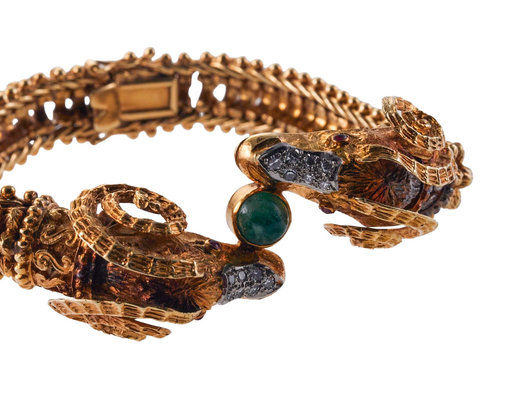 Greek Emerald Diamond Ruby Gold Ram's Head Bracelet In Excellent Condition For Sale In New York, NY
