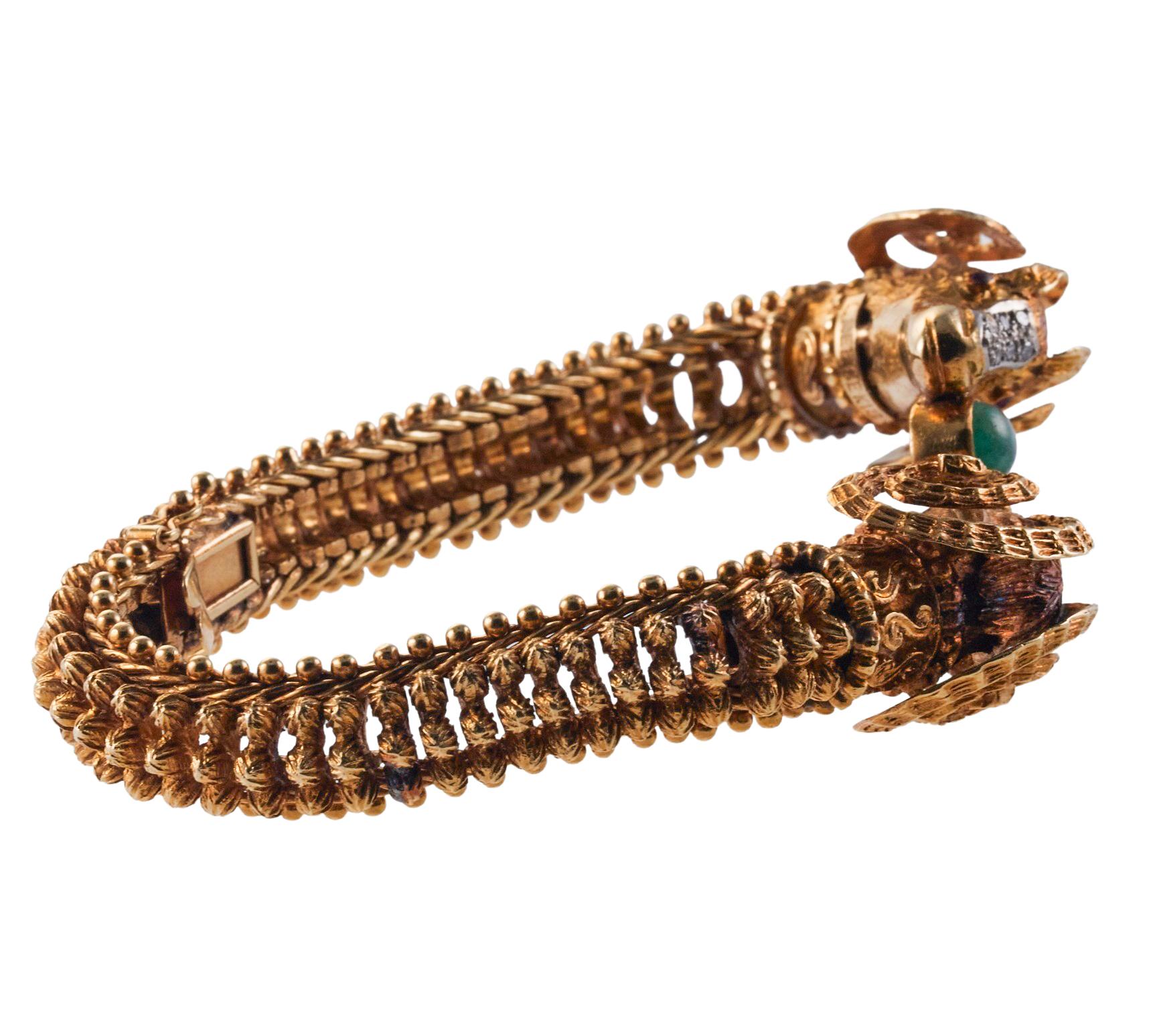 Women's Greek Emerald Diamond Ruby Gold Ram's Head Bracelet For Sale