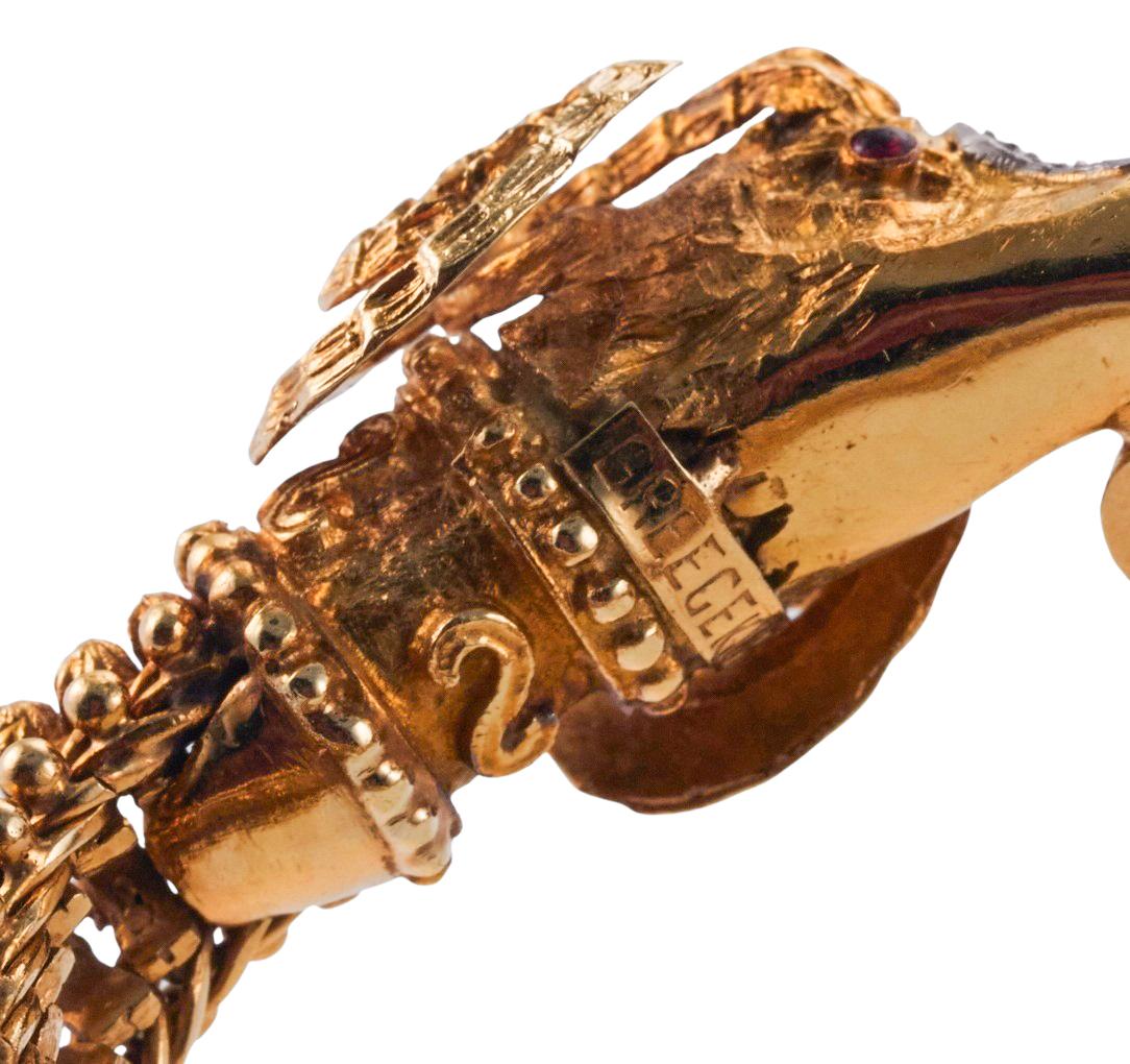 Griechisches Widderkopf-Armband mit Smaragd, Diamant und Rubin in Gold im Angebot 3