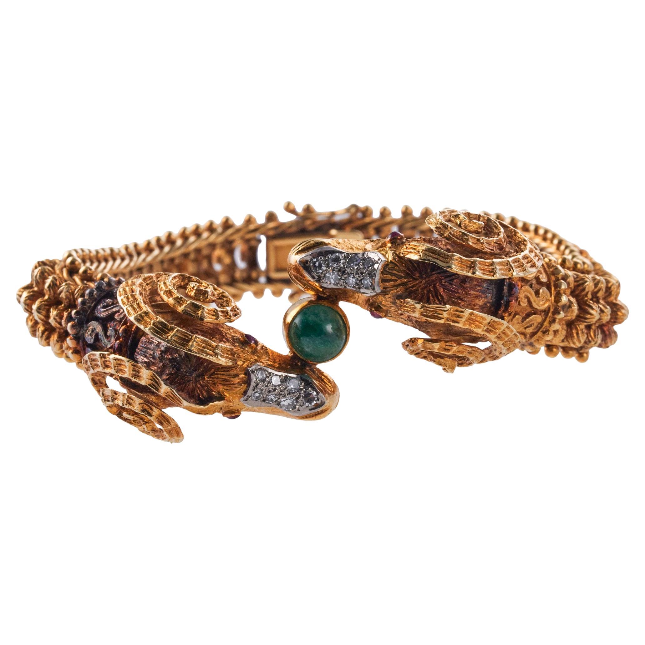 Greek Emerald Diamond Ruby Gold Ram's Head Bracelet For Sale