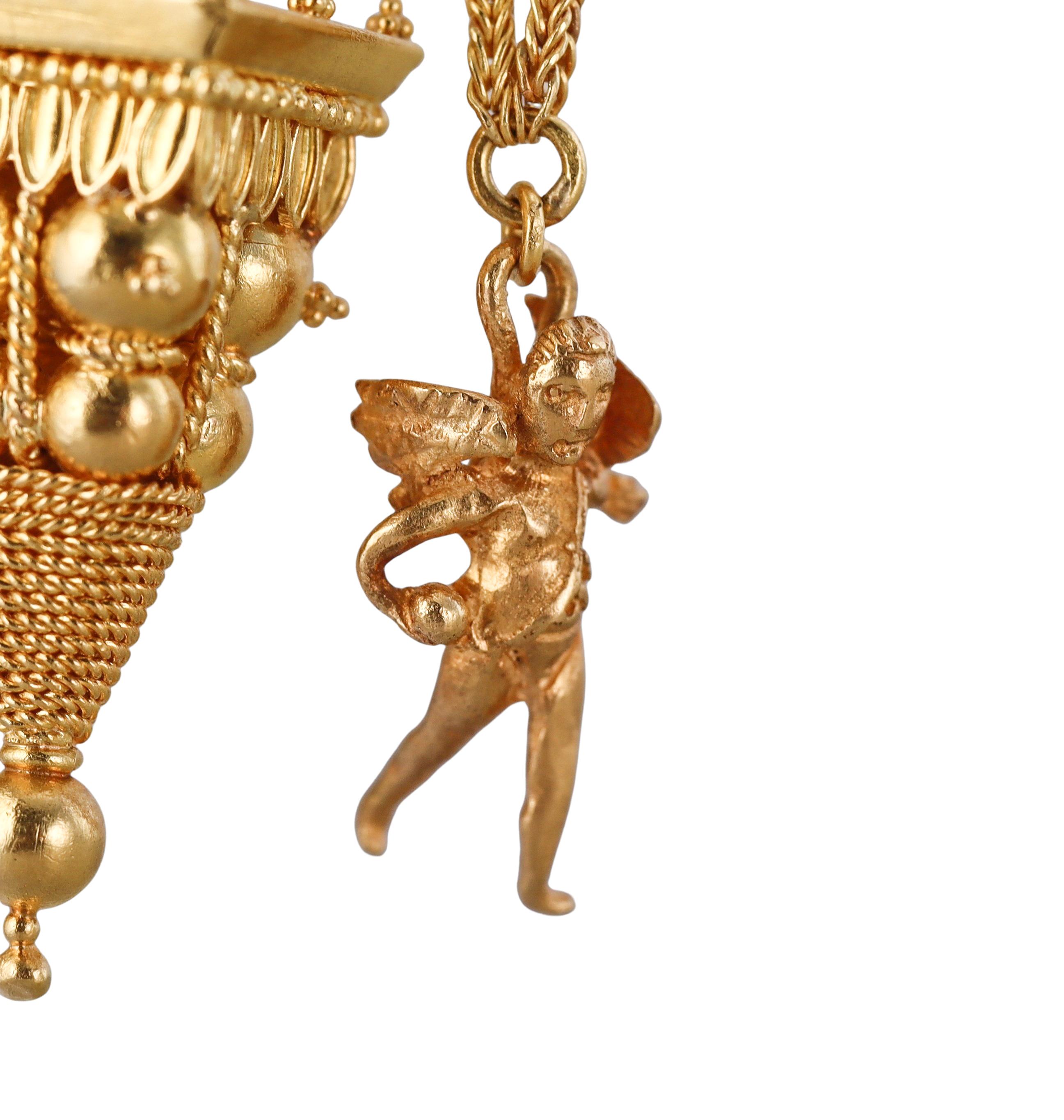 Etruscan Revival Greek Etruscan Beading Gold Cherub Earrings For Sale