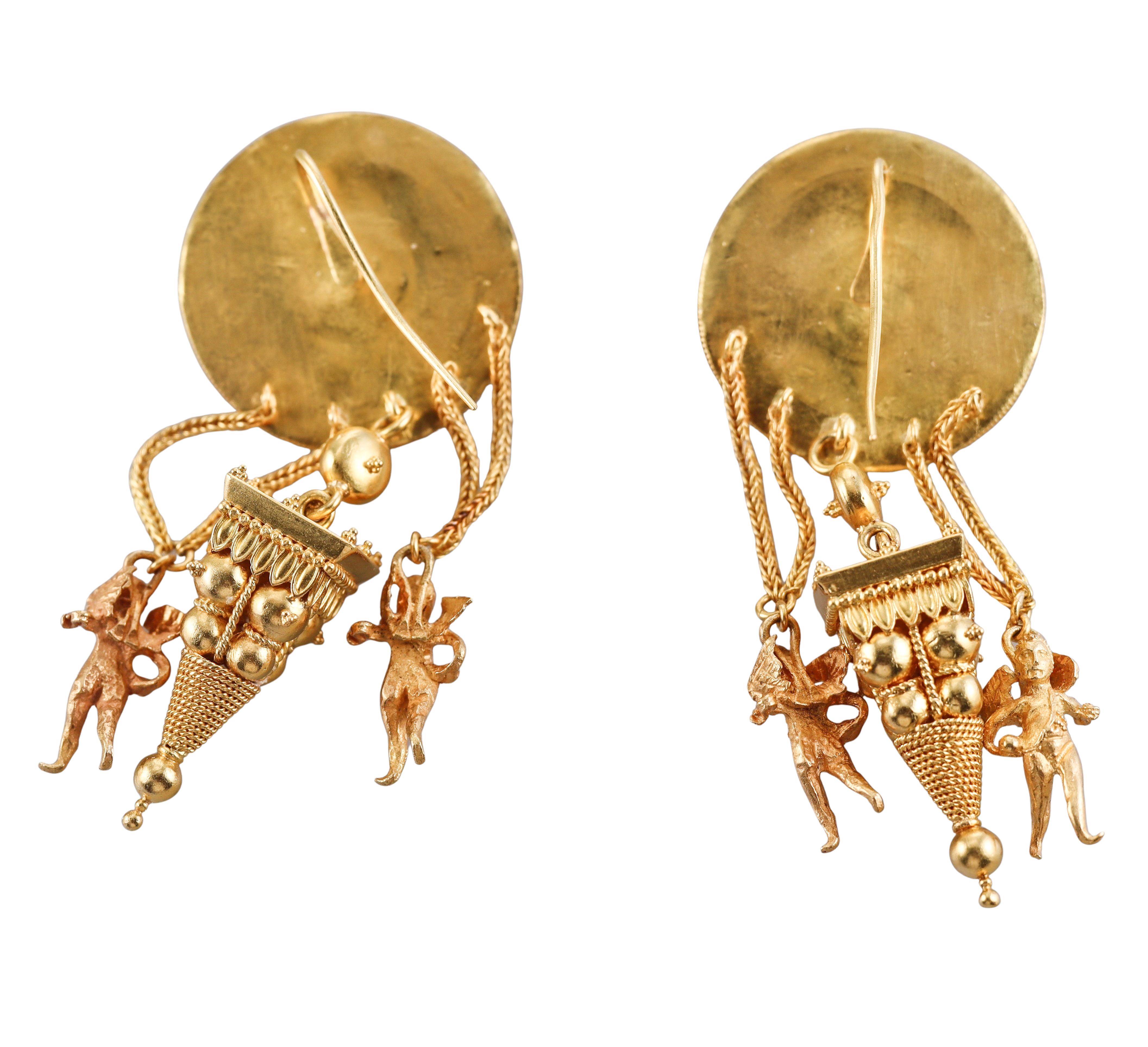 Women's Greek Etruscan Beading Gold Cherub Earrings For Sale