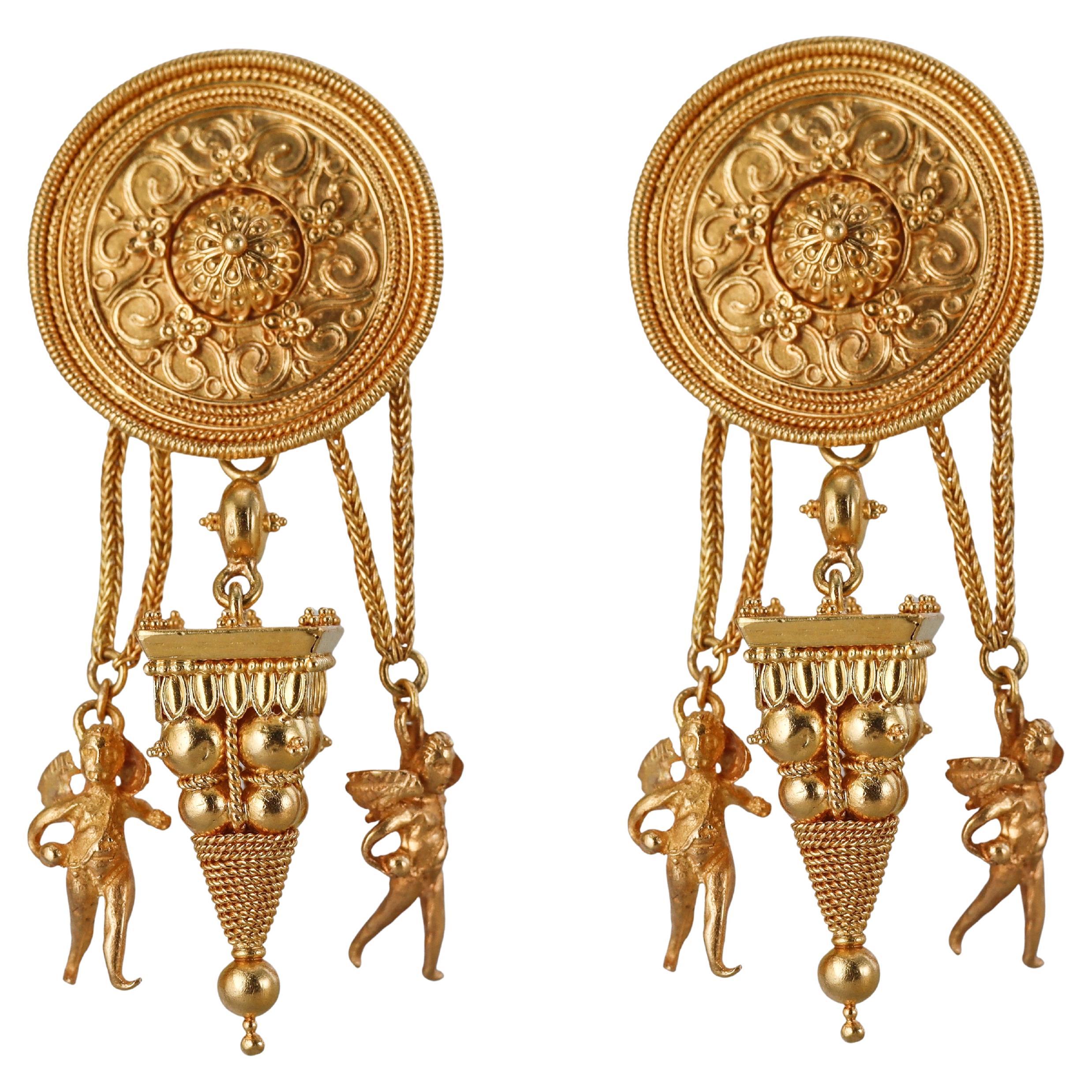Greek Etruscan Beading Gold Cherub Earrings